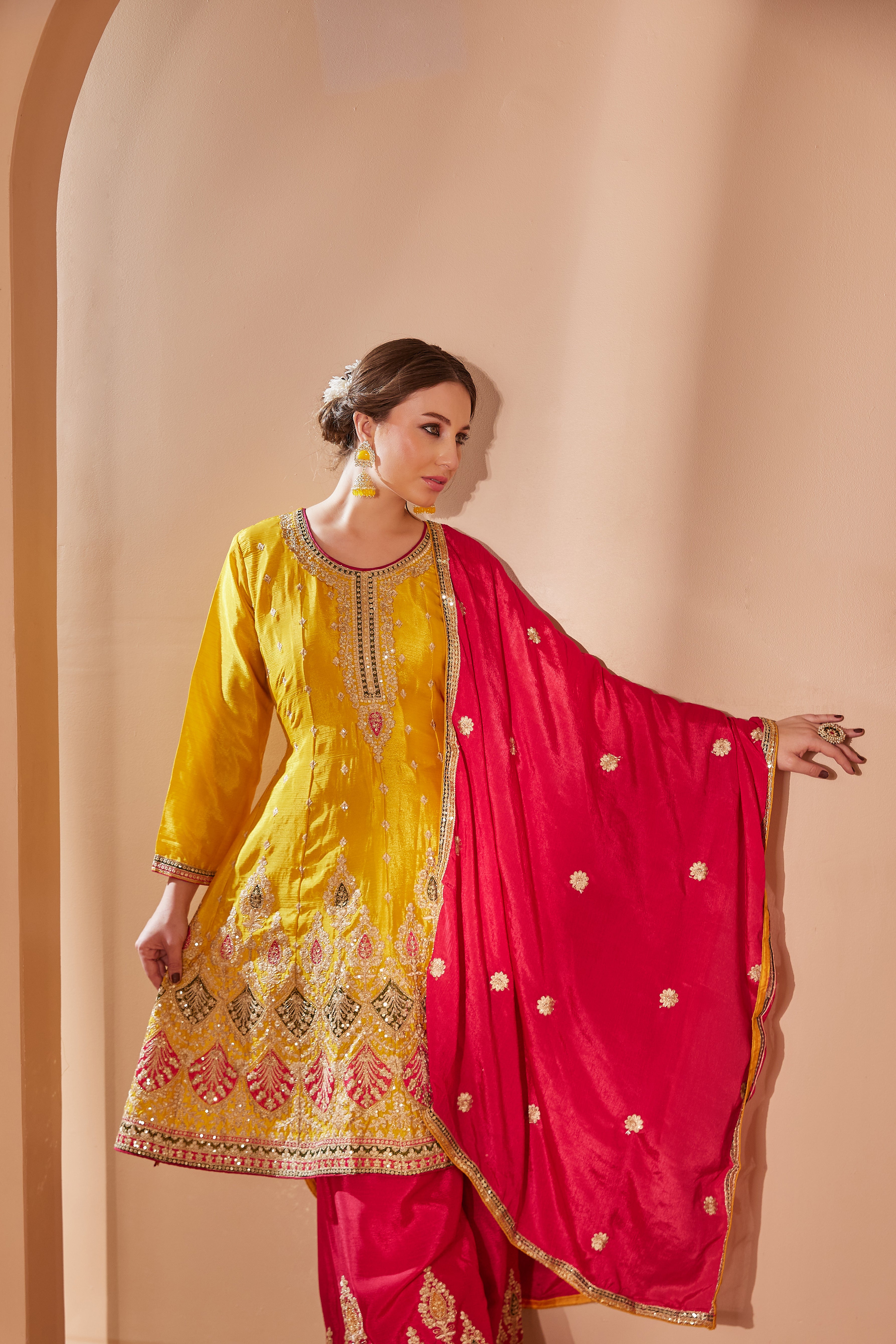 Mustard Embroidered Suit With Flared Pants & Dupatta - Set Of 3