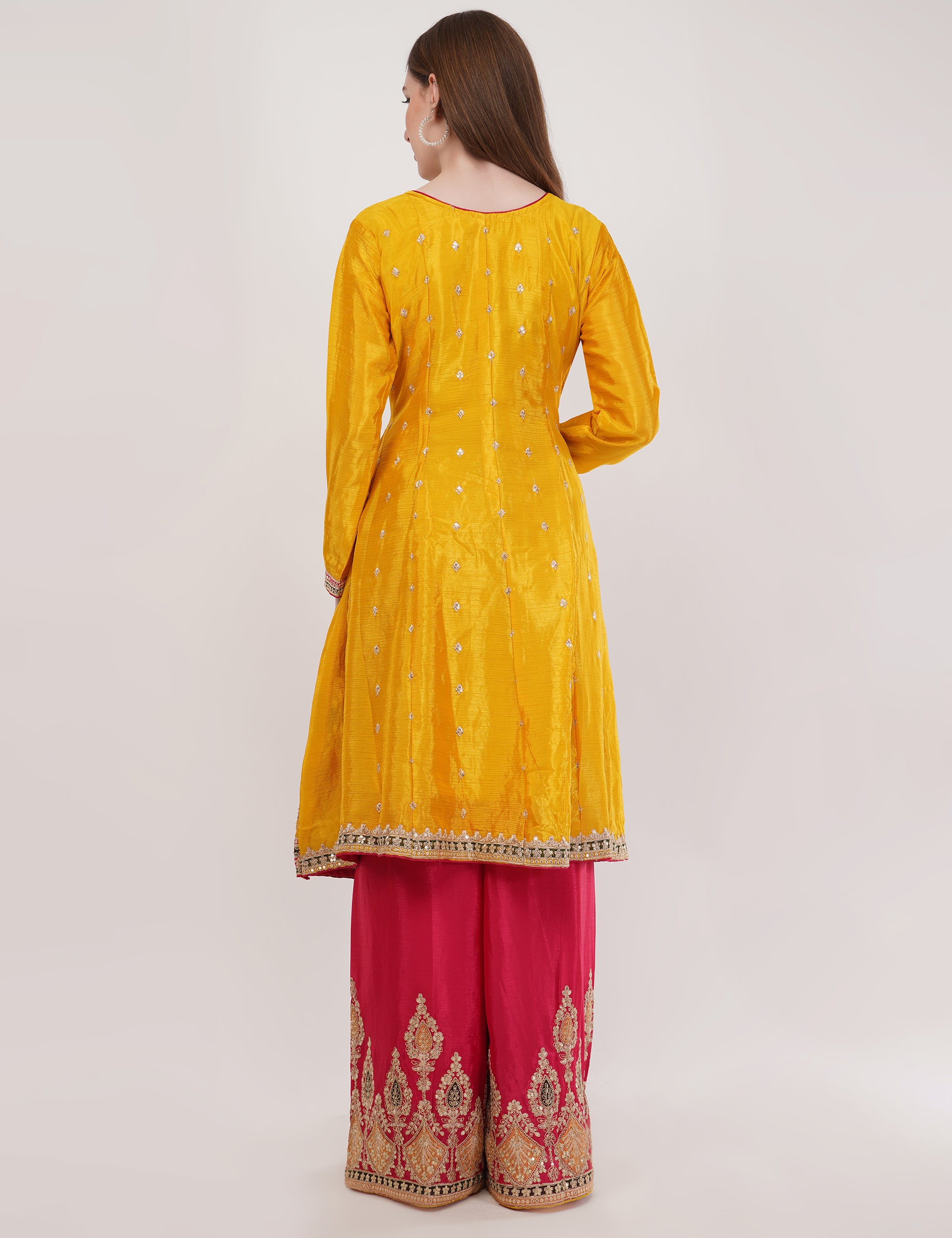 Mustard Embroidered Suit With Flared Pants & Dupatta - Set Of 3