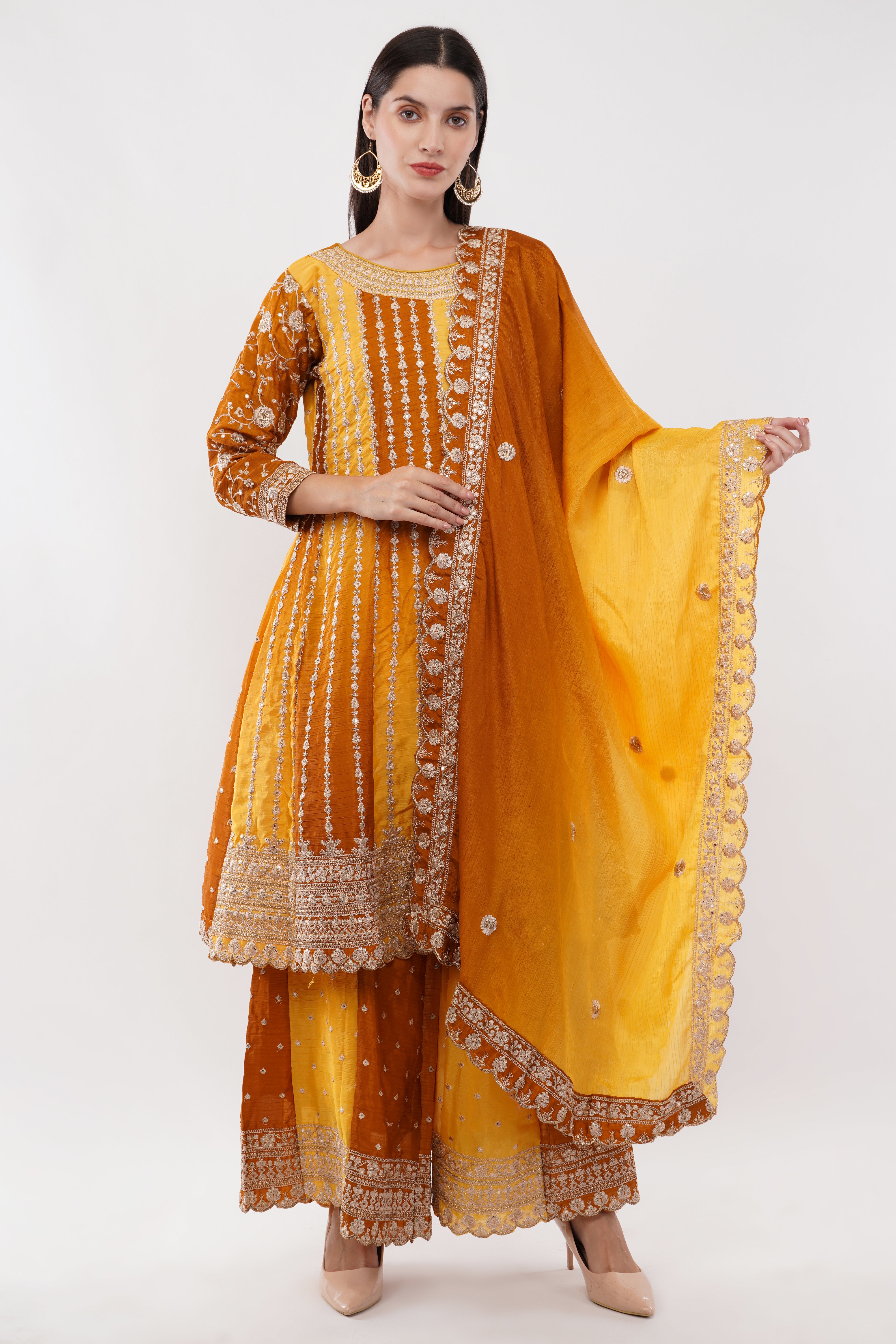 Mustard Chinon Fabric Embroidered Suit With Flared Pants & Dupatta - Set Of 3