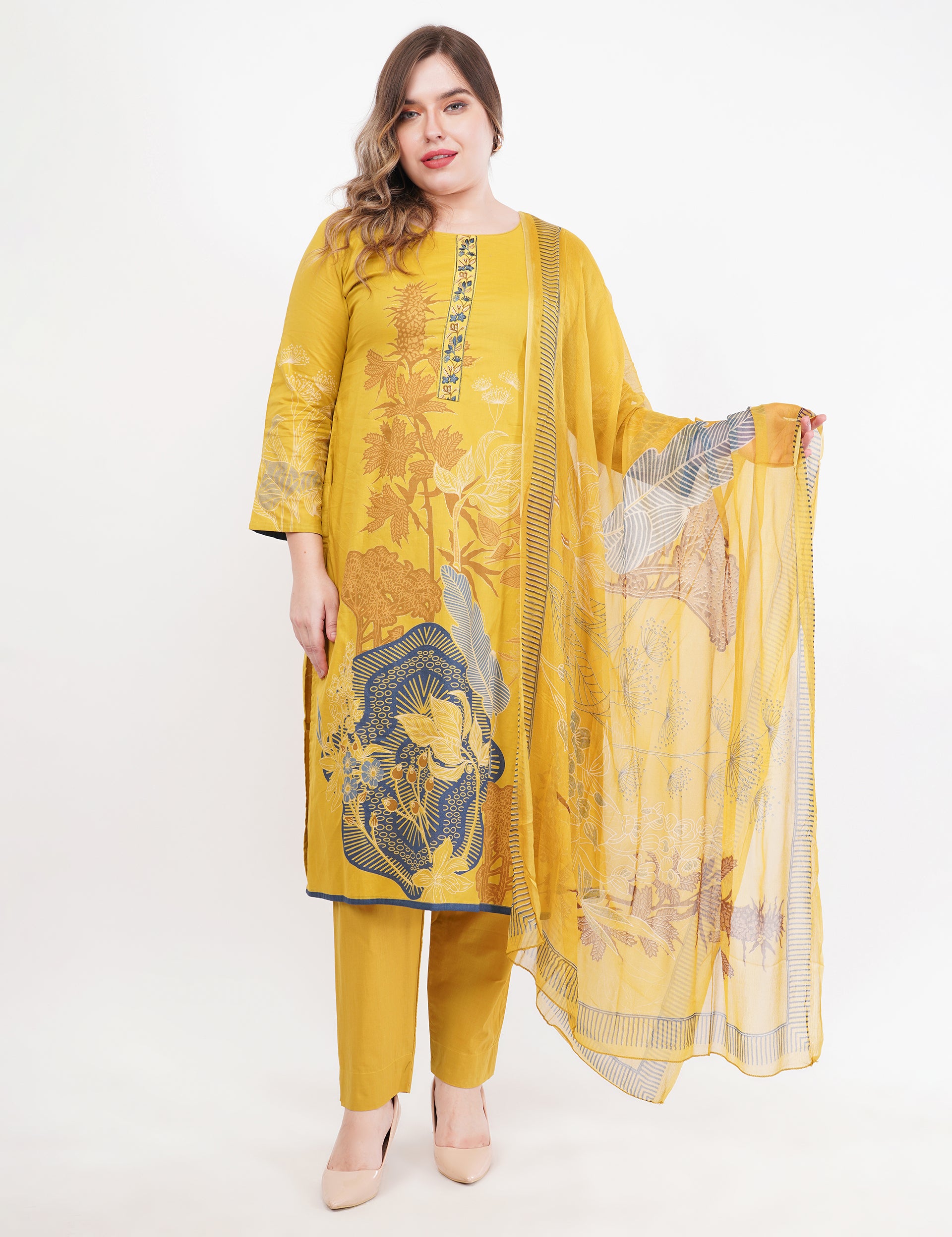 Printed & Embroidered Mustard Suit Set - Set Of 3