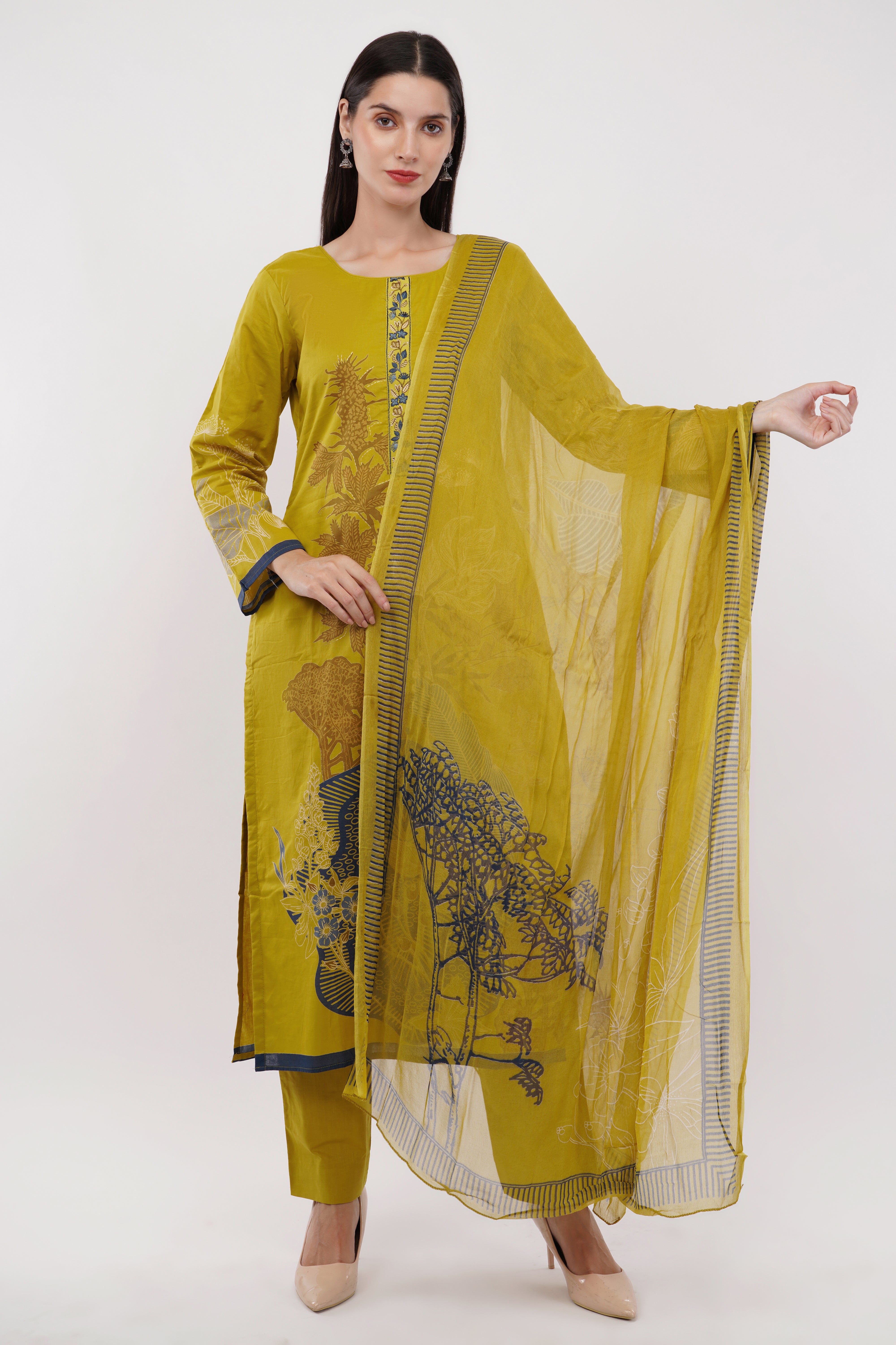 Printed & Embroidered Mustard Suit Set - Set Of 3