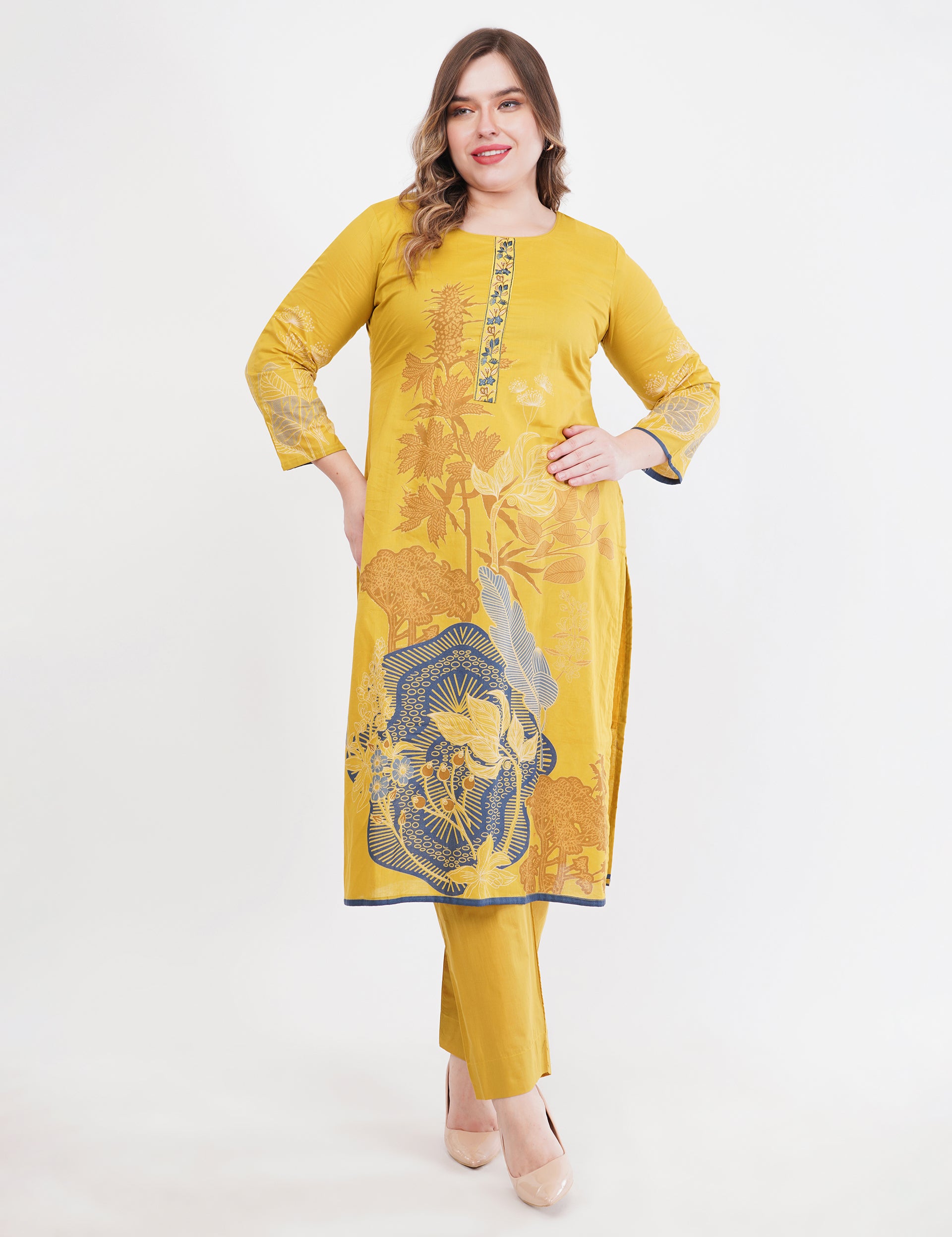 Printed & Embroidered Mustard Suit Set - Set Of 3