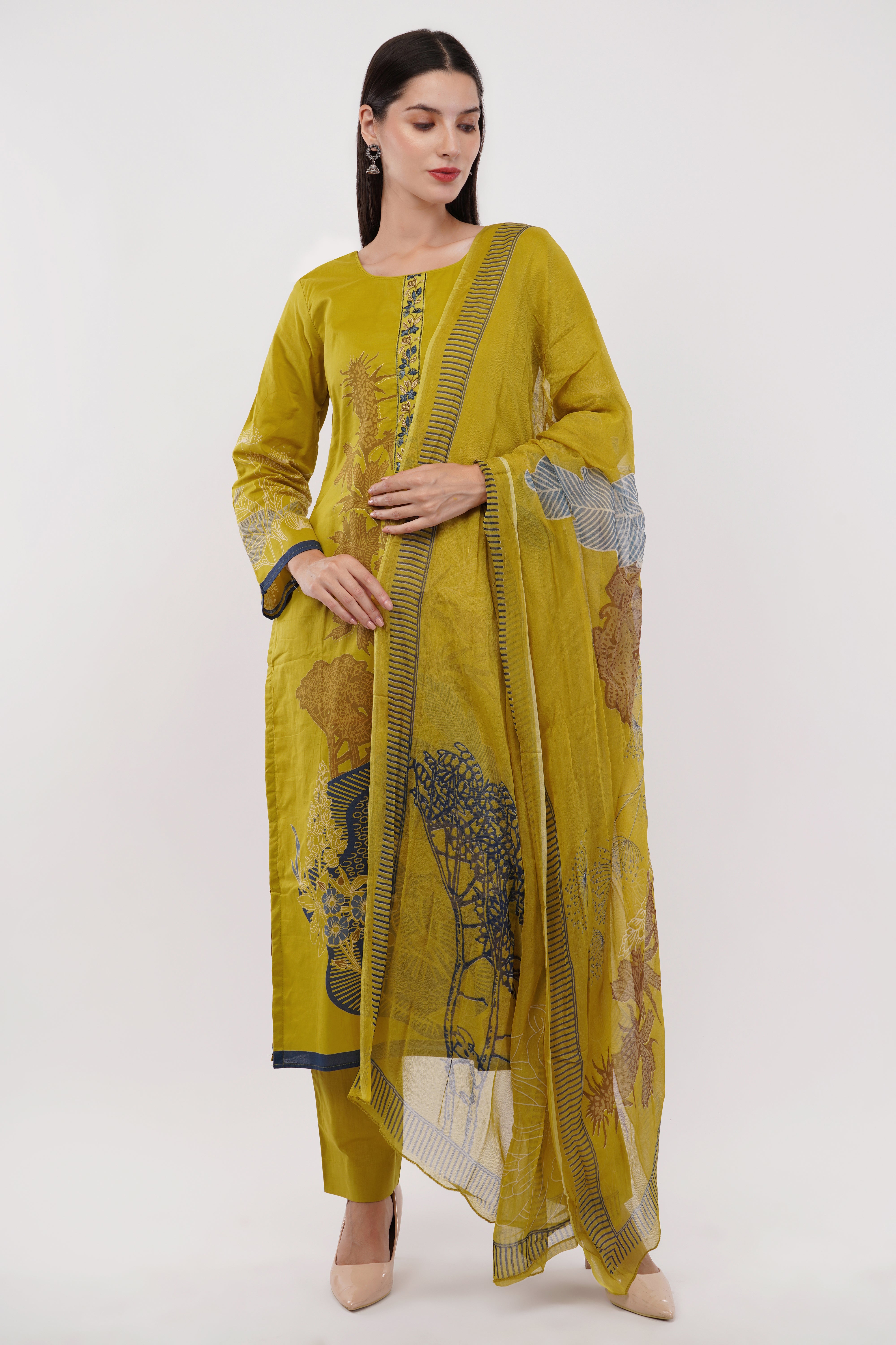 Printed & Embroidered Mustard Suit Set - Set Of 3