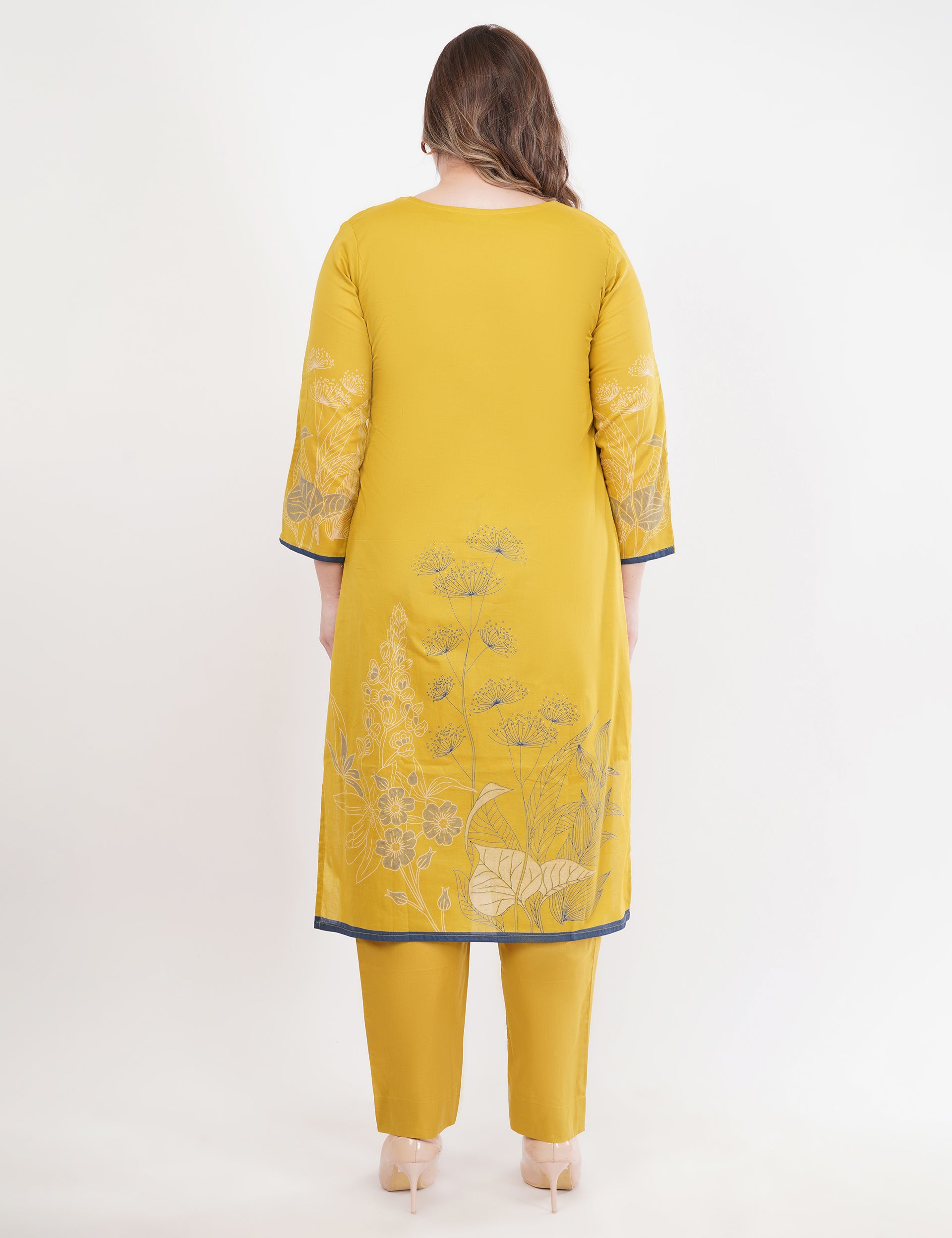 Printed & Embroidered Mustard Suit Set - Set Of 3