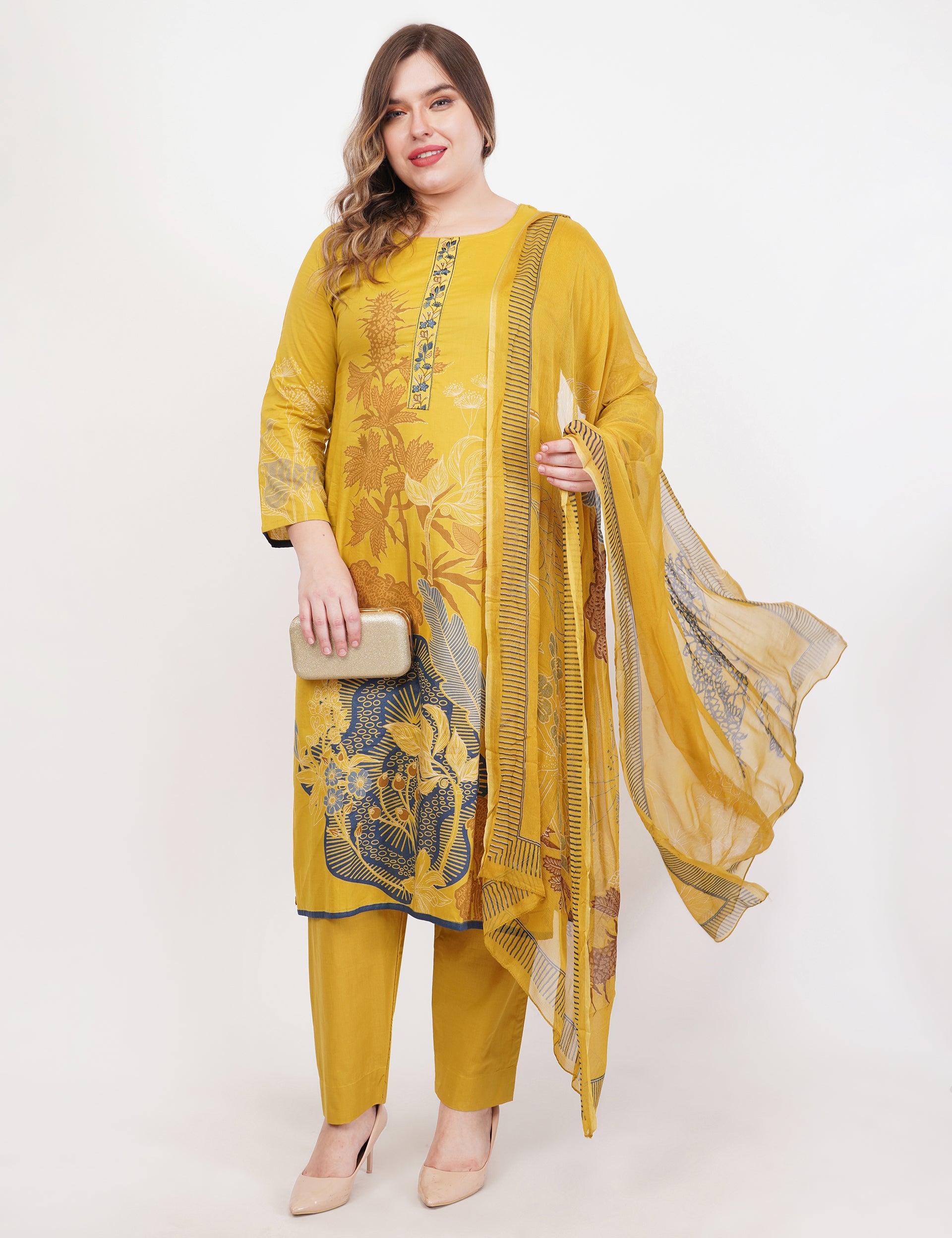 Printed & Embroidered Mustard Suit Set - Set Of 3