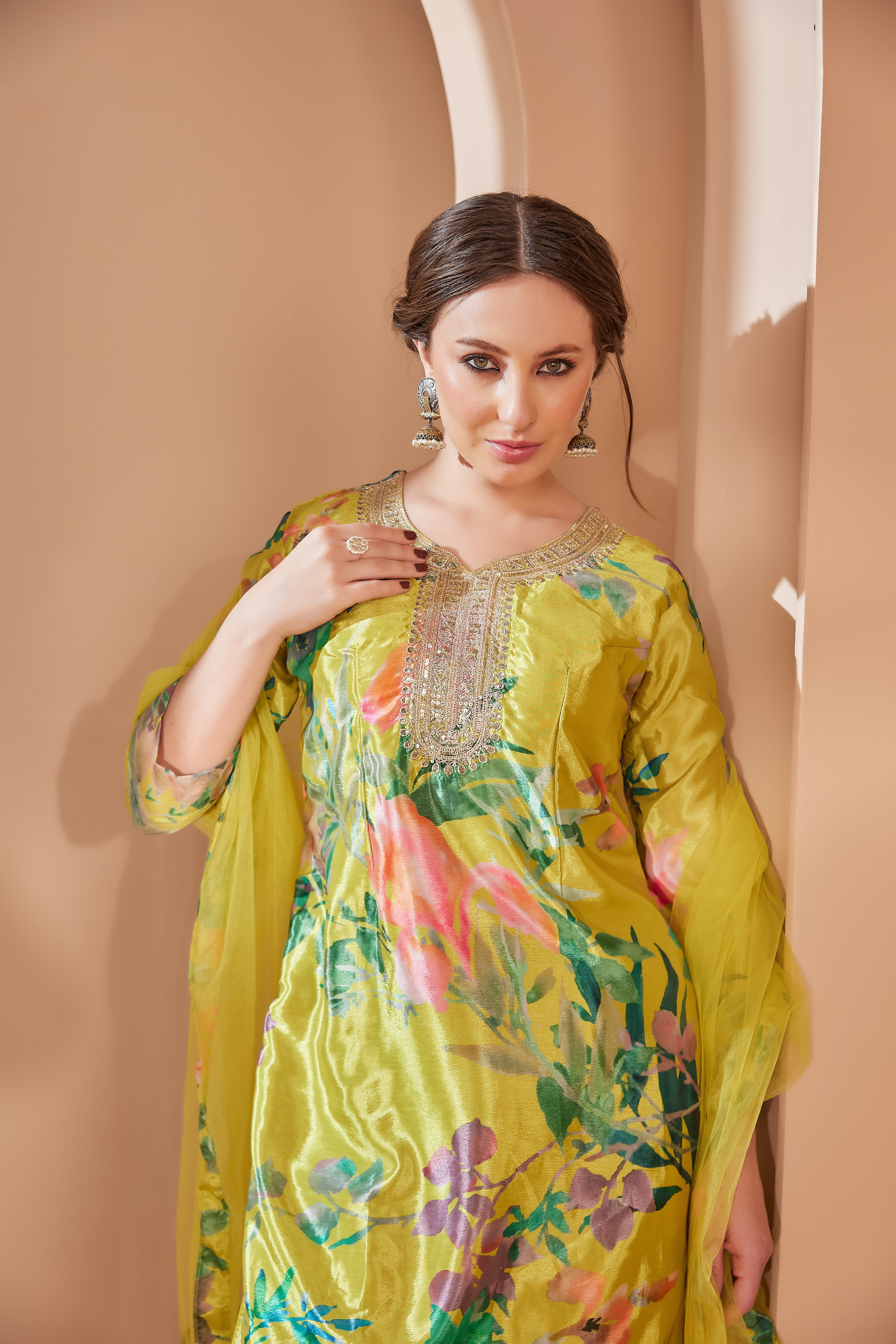 Mustard Printed Suit With Flared Sharara Pants & Dupatta - Set Of 3