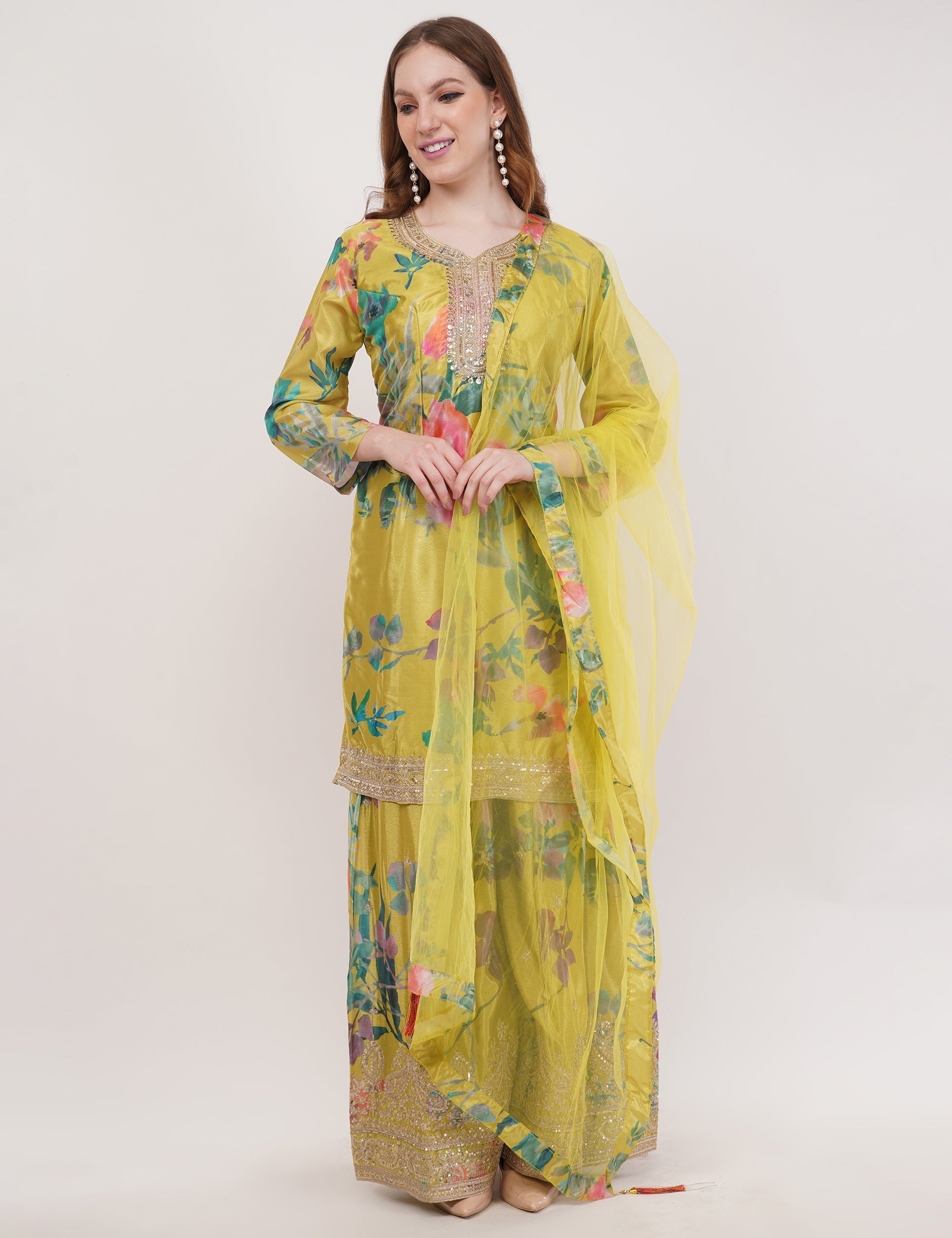 Mustard Printed Short Suit With Flared Sharara Pants & Dupatta - Set Of 3