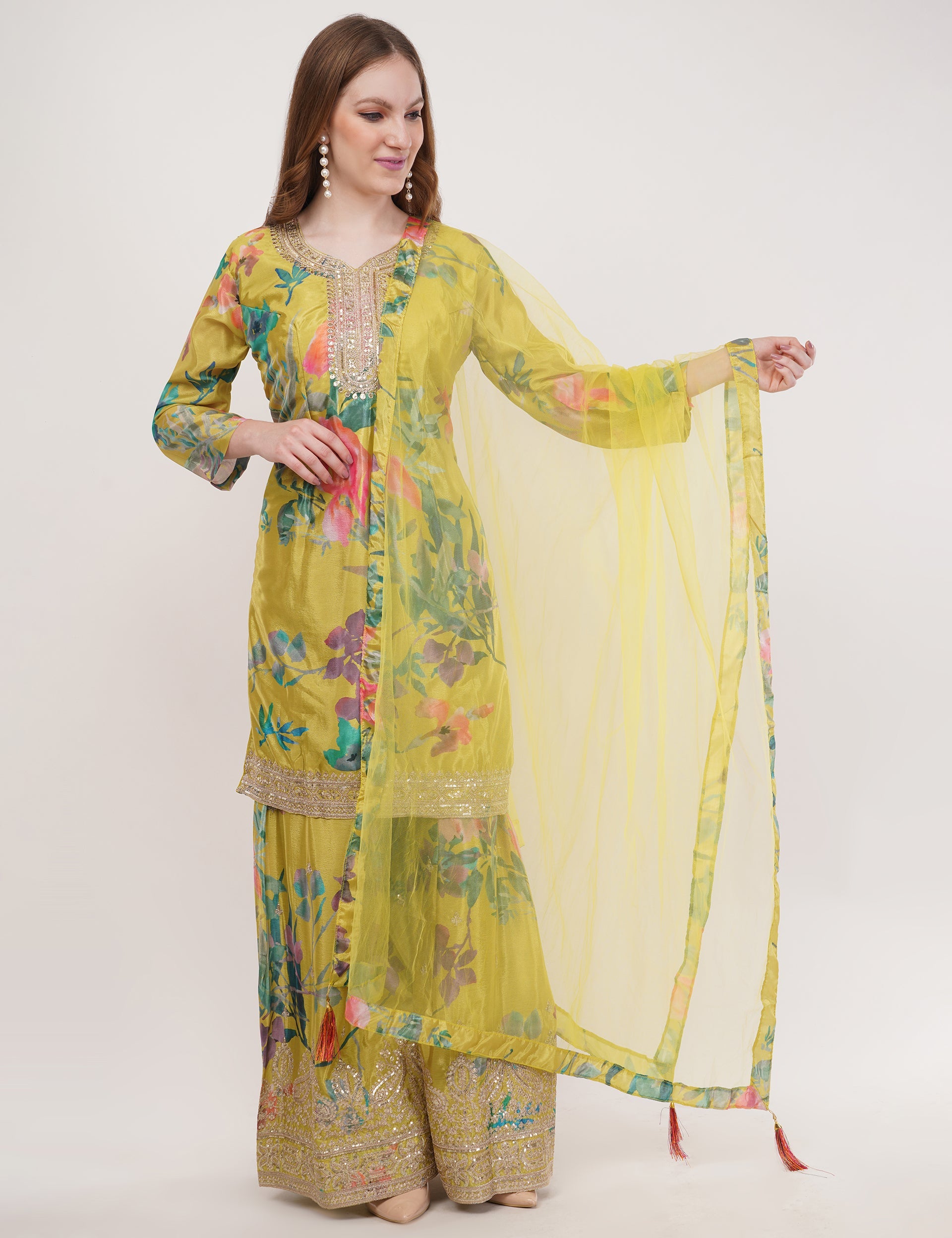 Mustard Printed Suit With Flared Sharara Pants & Dupatta - Set Of 3