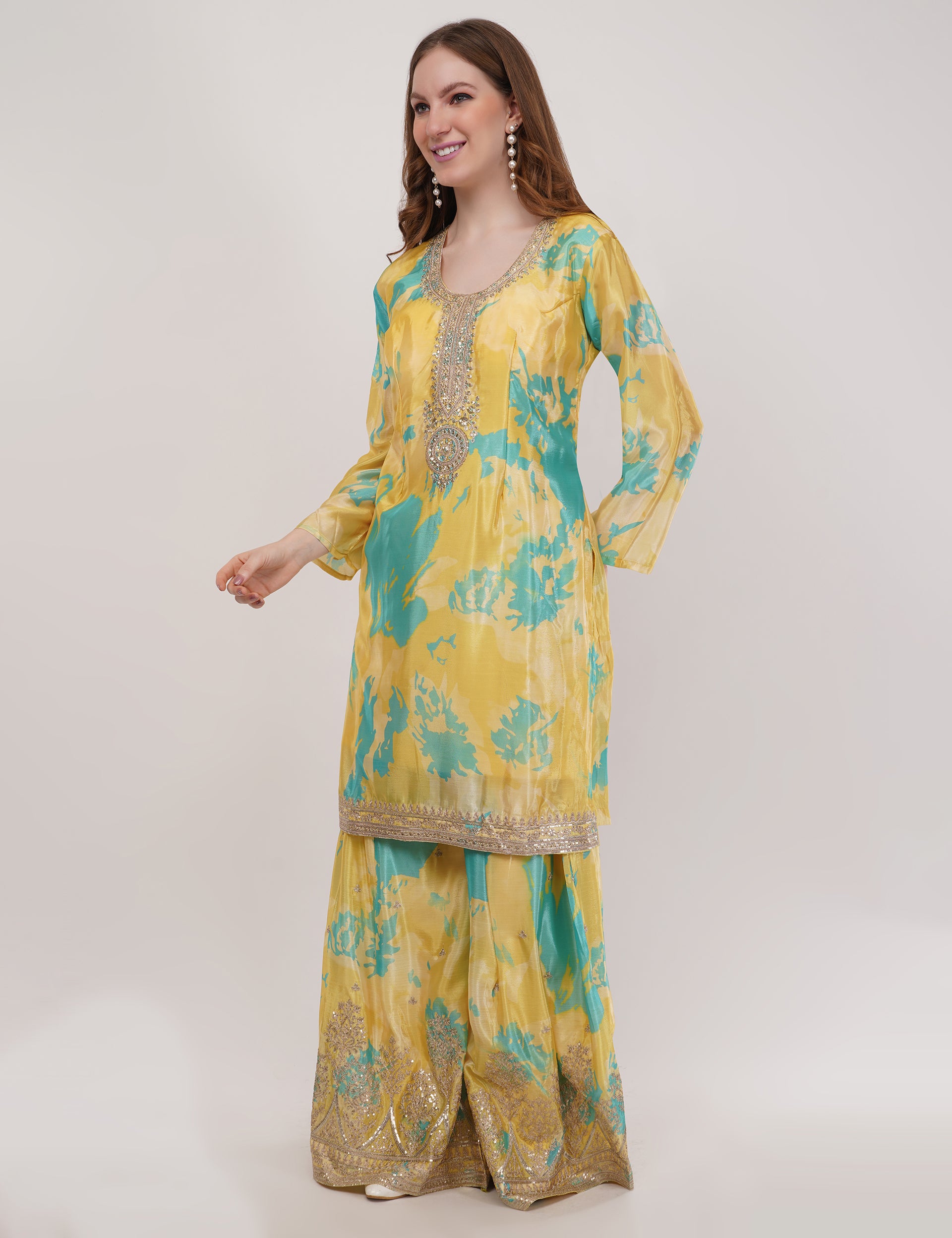 Mustard Printed Short Suit With Flared Sharara Pants & Dupatta - Set Of 3