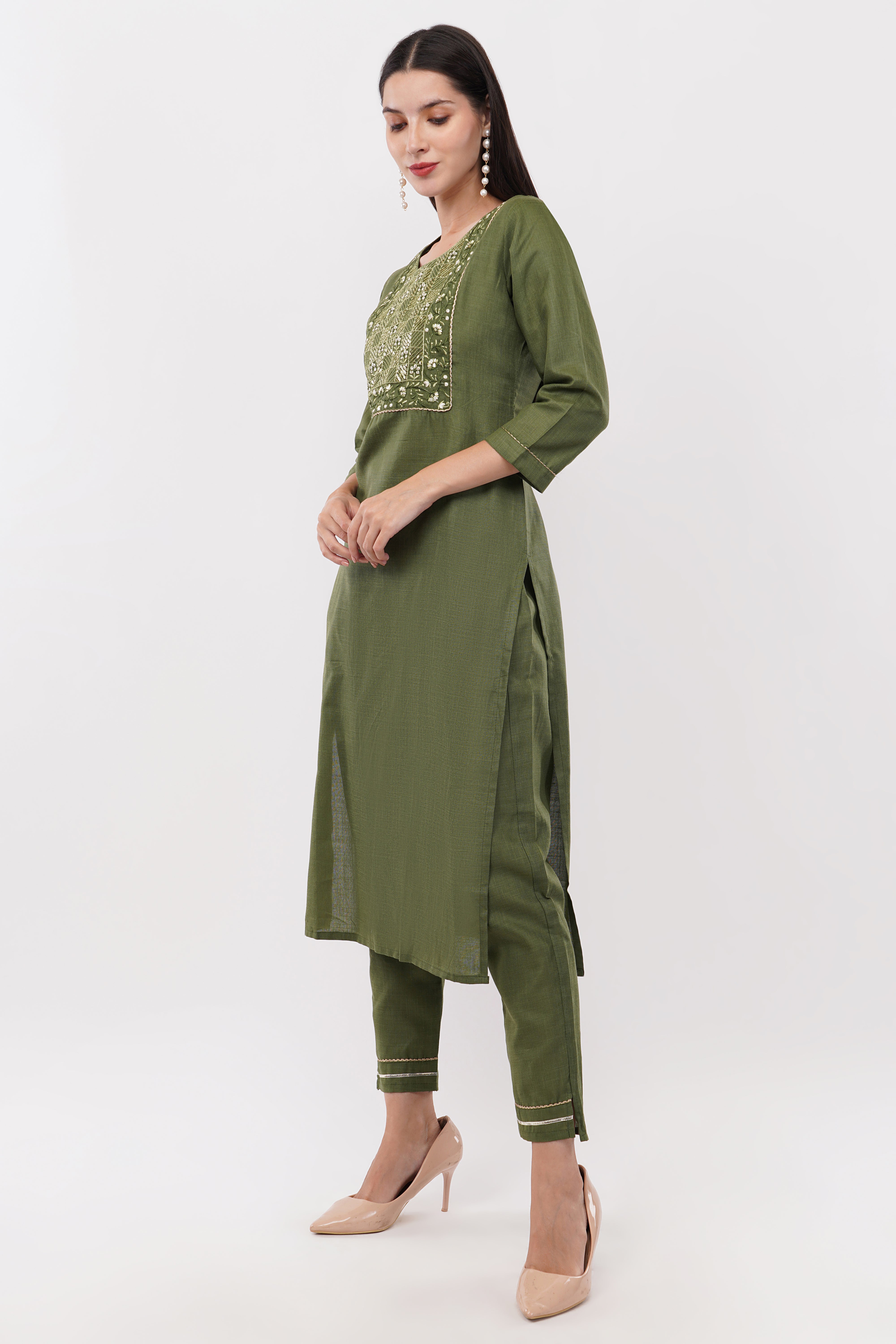 Olive Green Cotton Fabric Suit Set With Embroidered Yoke - Set Of 3