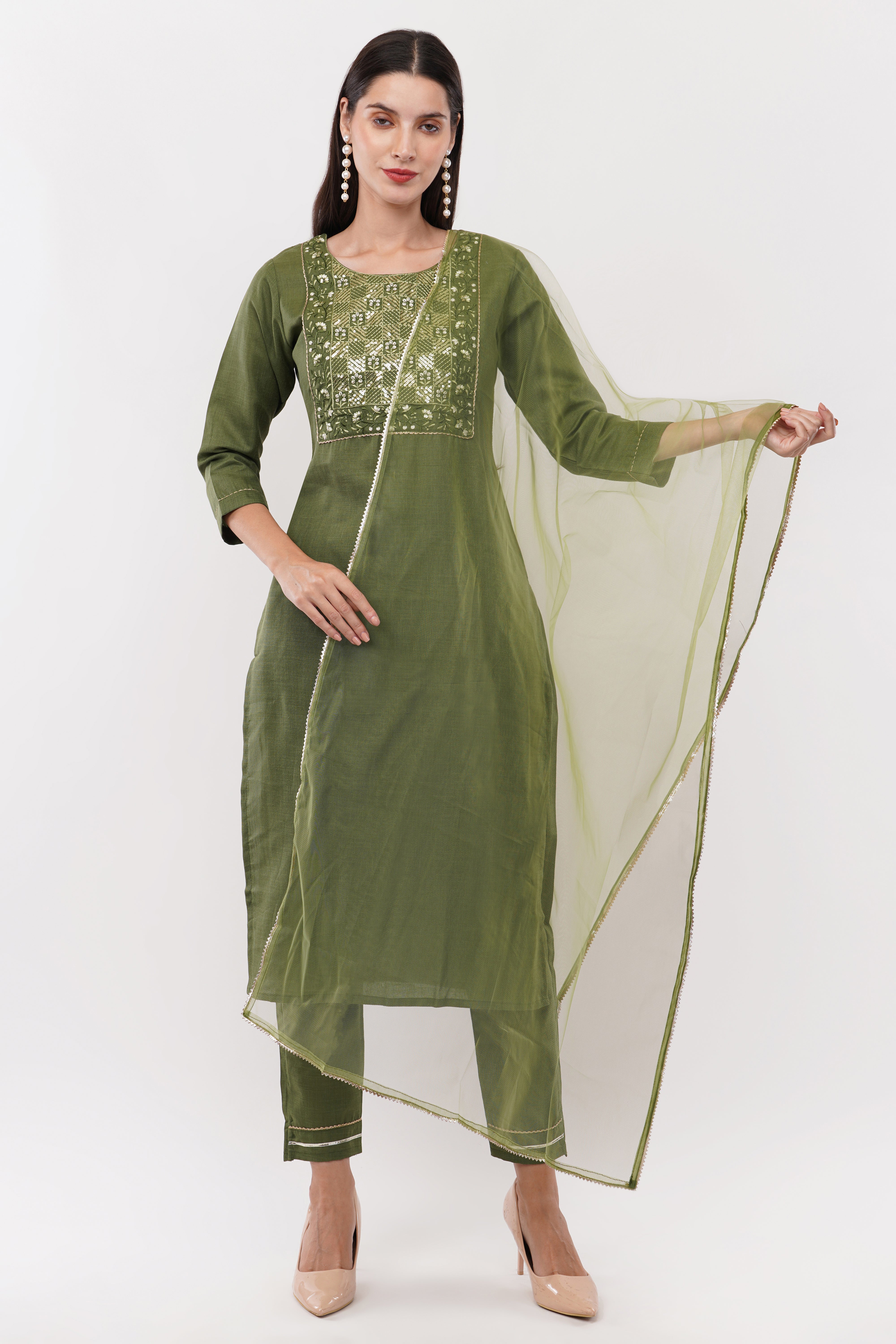 Olive Green Cotton Fabric Suit Set With Embroidered Yoke - Set Of 3