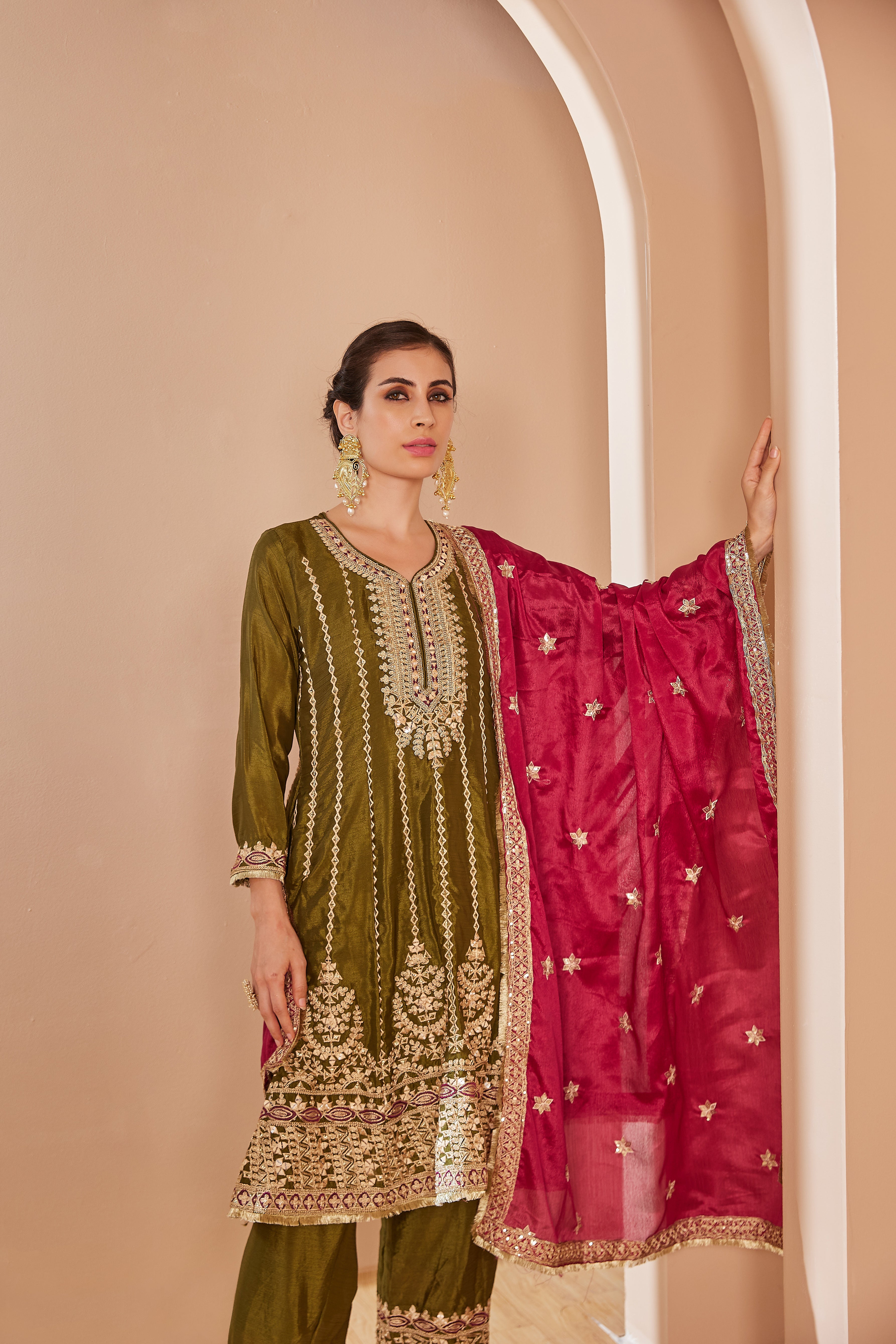 Embroidered Suit With Salwar Pants & Contrasting Dupatta - Set Of 3