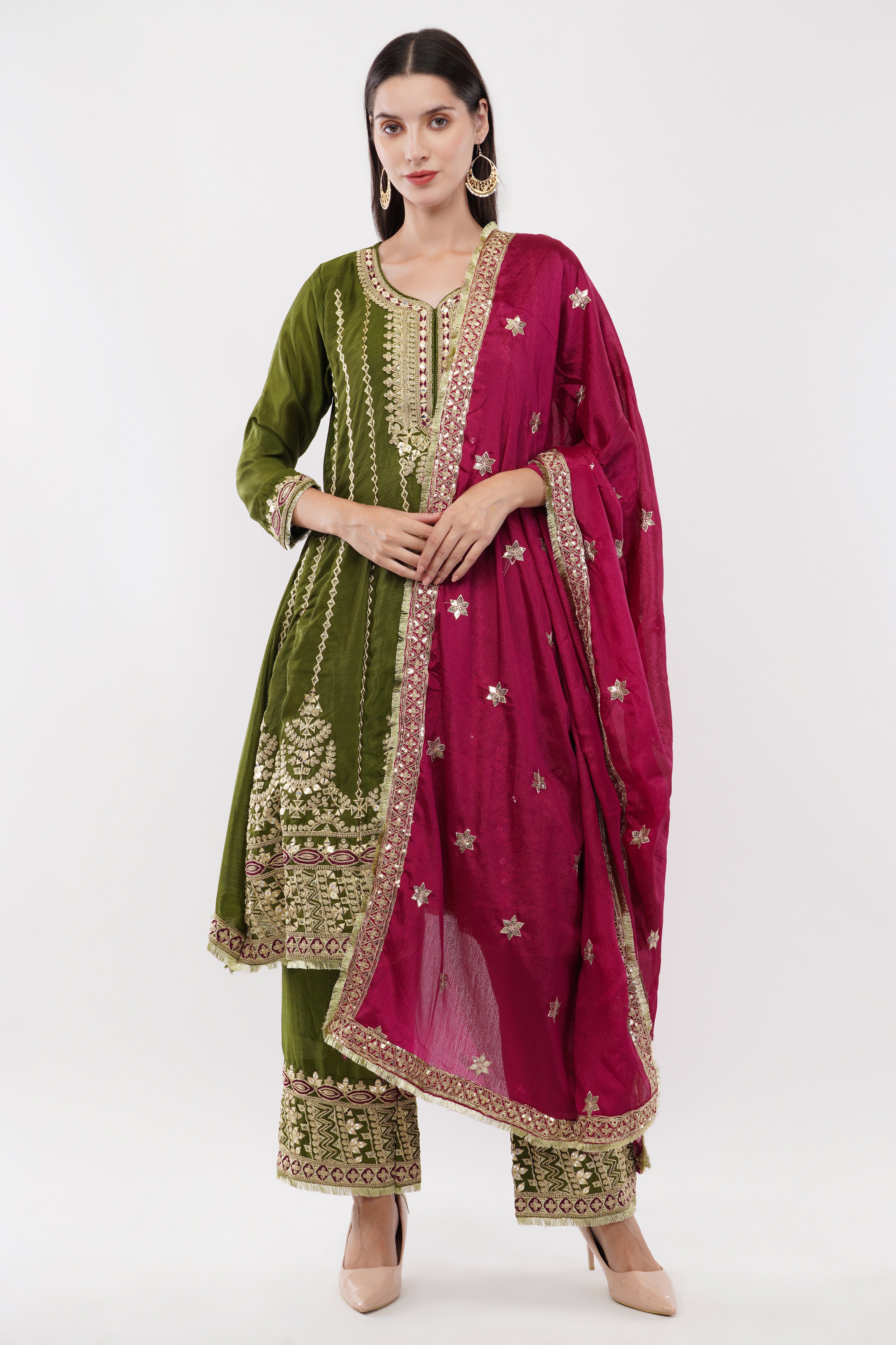 Embroidered Suit With Salwar Pants & Contrasting Dupatta - Set Of 3