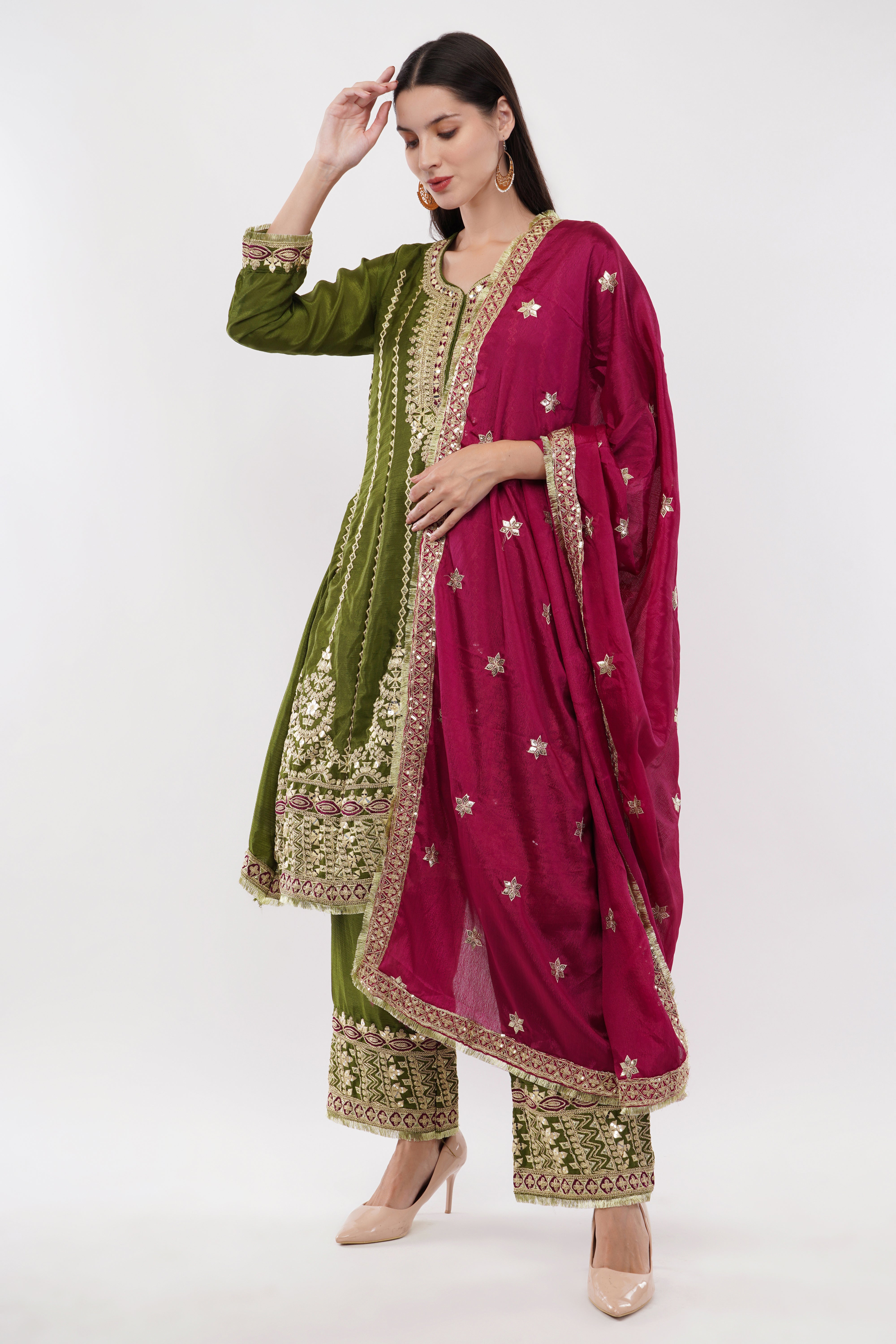 Embroidered Suit With Salwar Pants & Contrasting Dupatta - Set Of 3