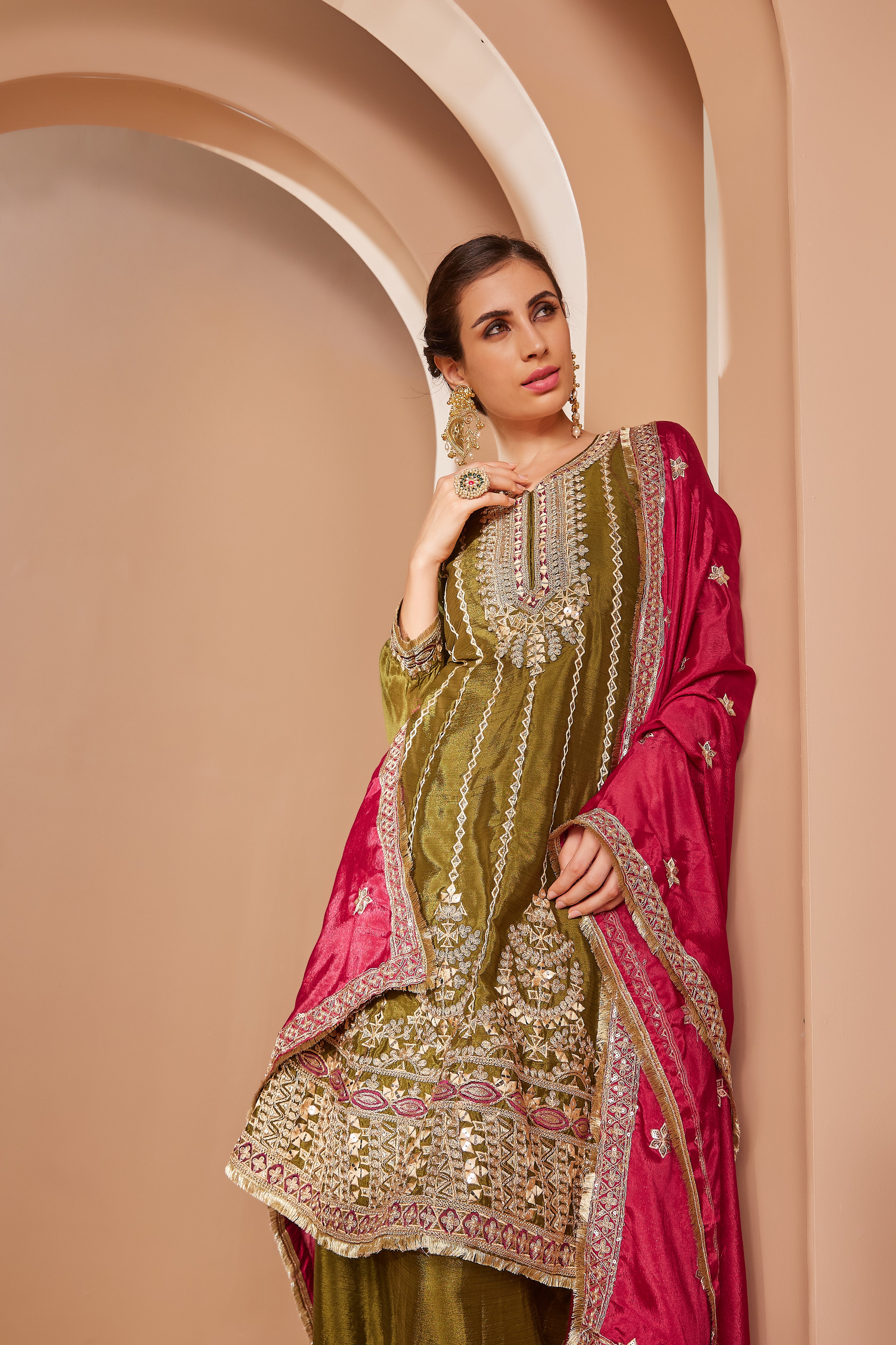 Embroidered Suit With Salwar Pants & Contrasting Dupatta - Set Of 3