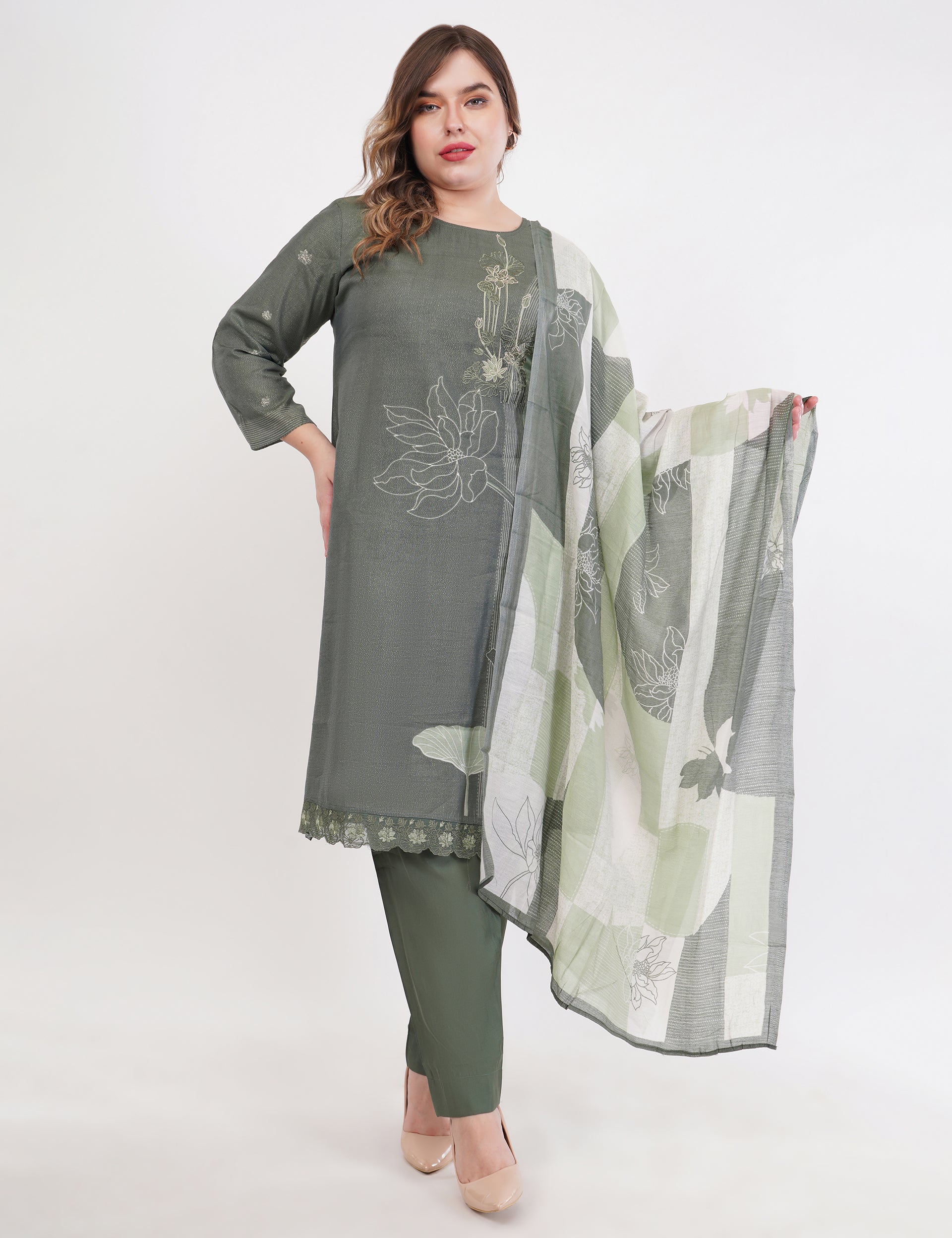 Olive Green Abstract Printed Suit Set - Set Of 3