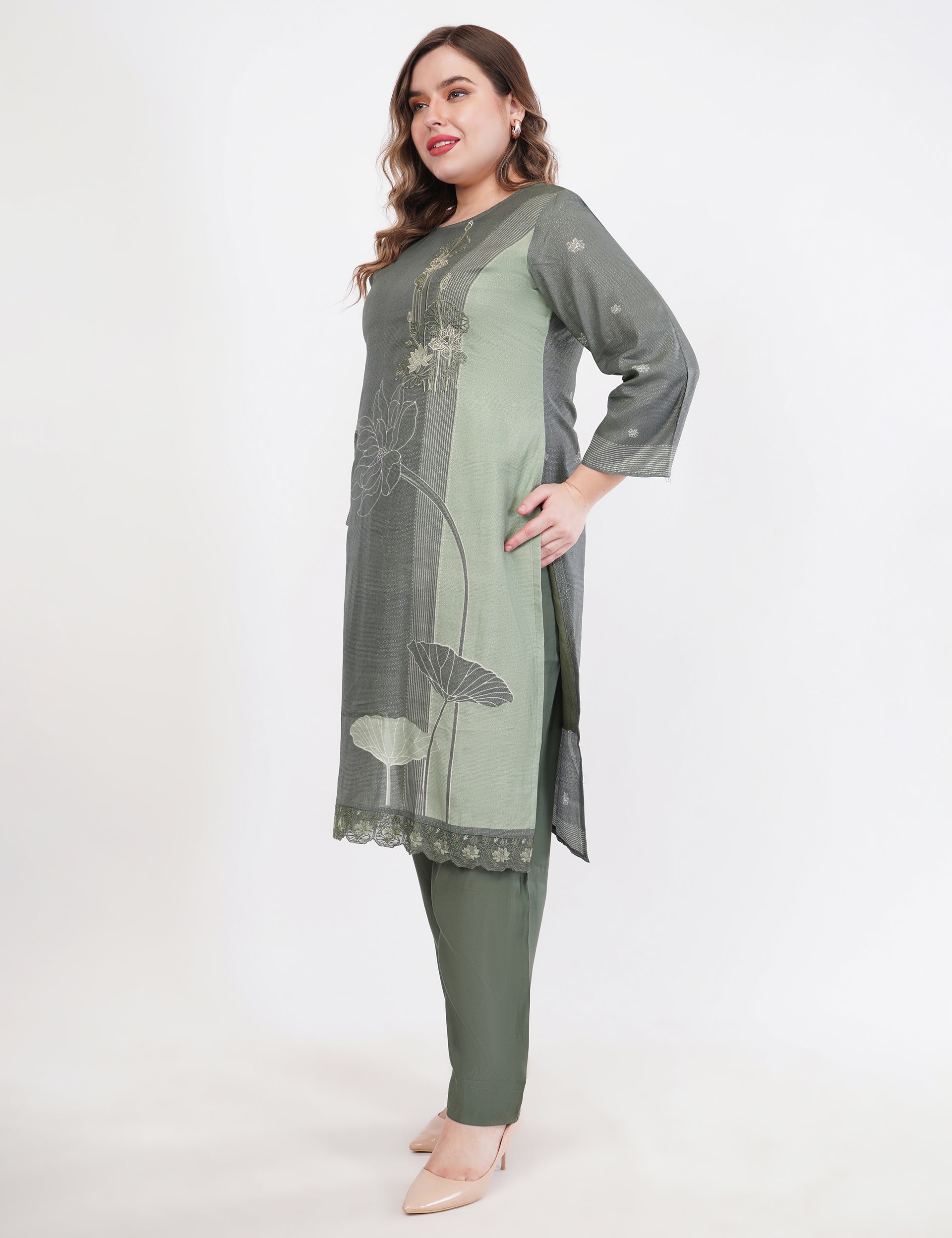 Olive Green Abstract Printed Suit Set - Set Of 3