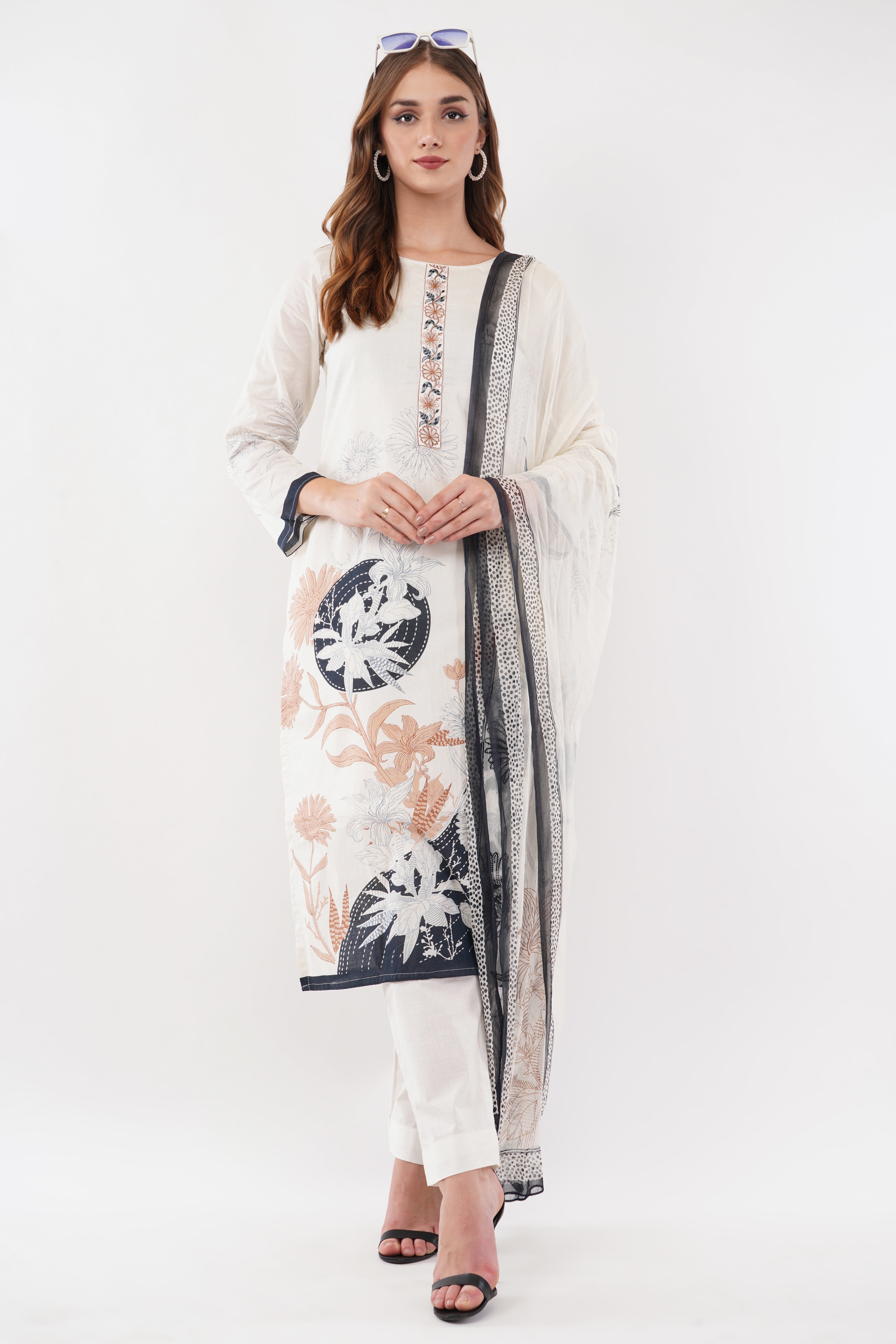 Printed & Embroidered Off-White Suit Set - Set Of 3