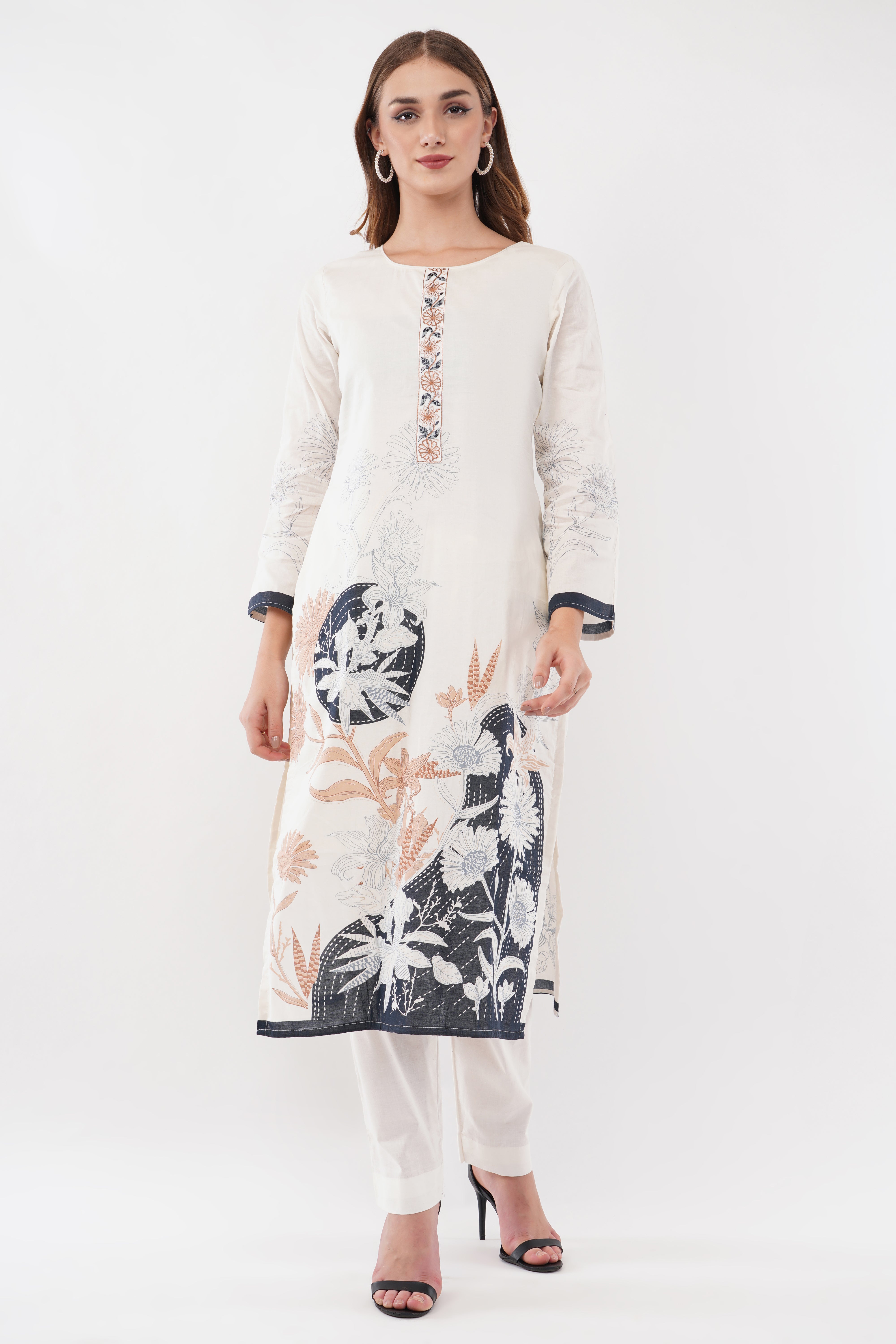 Printed & Embroidered Off-White Suit Set - Set Of 3