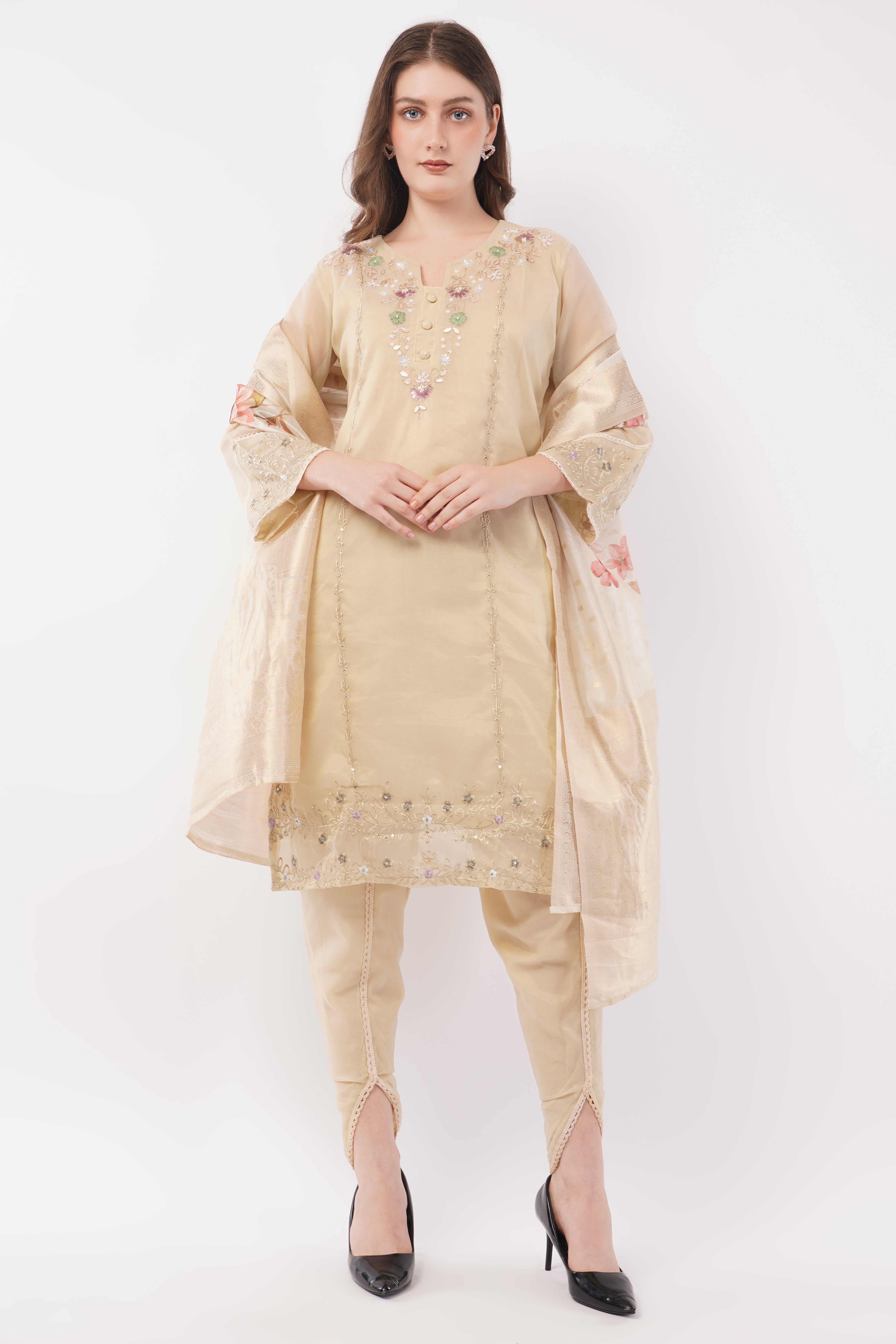 Off White Shimmer Organza Embroidered Suit, Tulip Pants & Jacquard Dupatta - Set Of 3