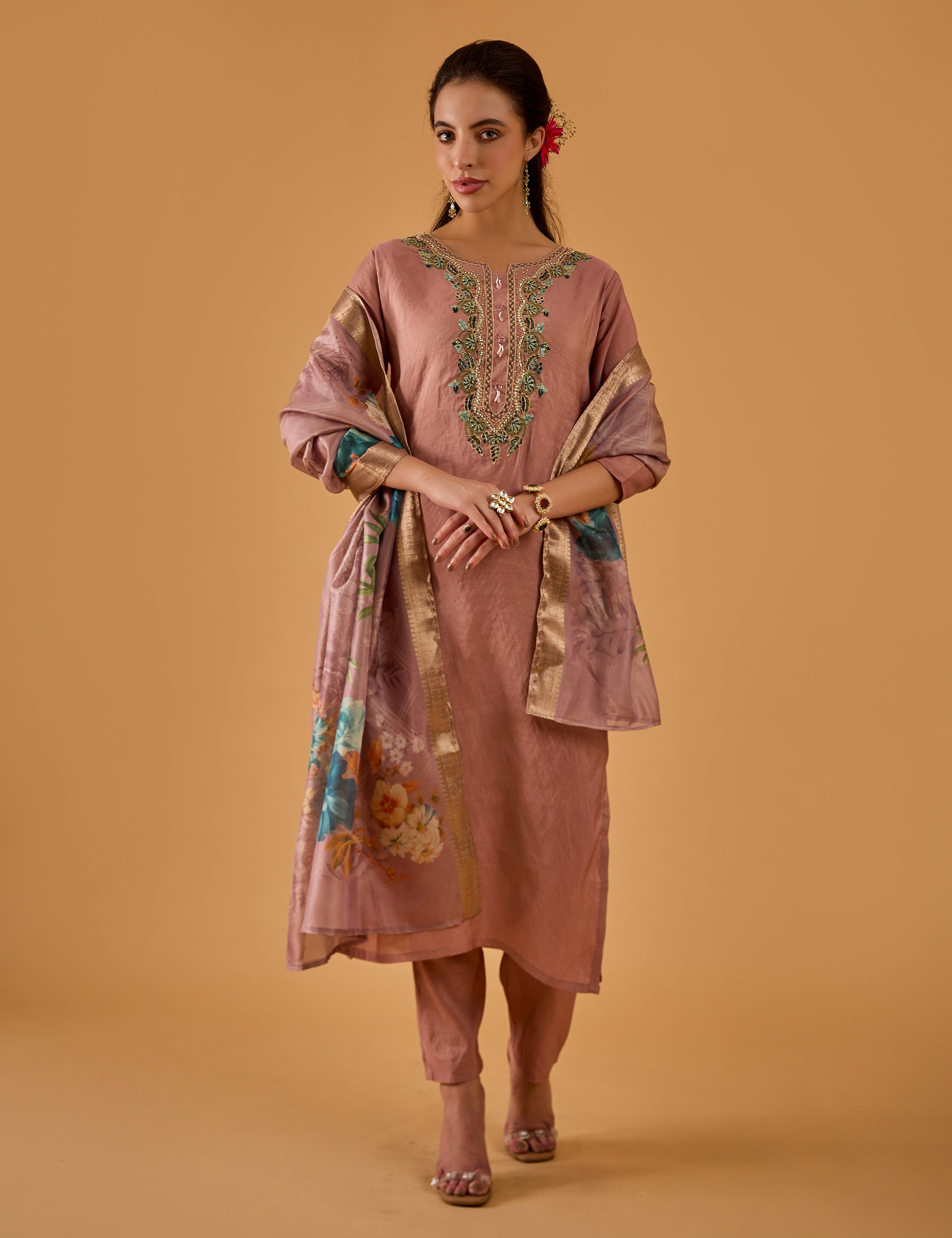 dhartii  Peachy Pink Embroidered Silk Blend Kurta set