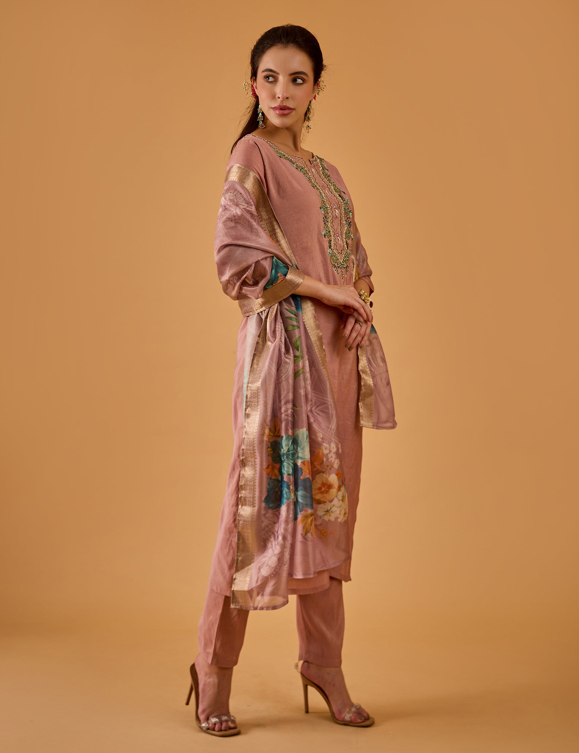 dhartii  Peachy Pink Embroidered Silk Blend Kurta set