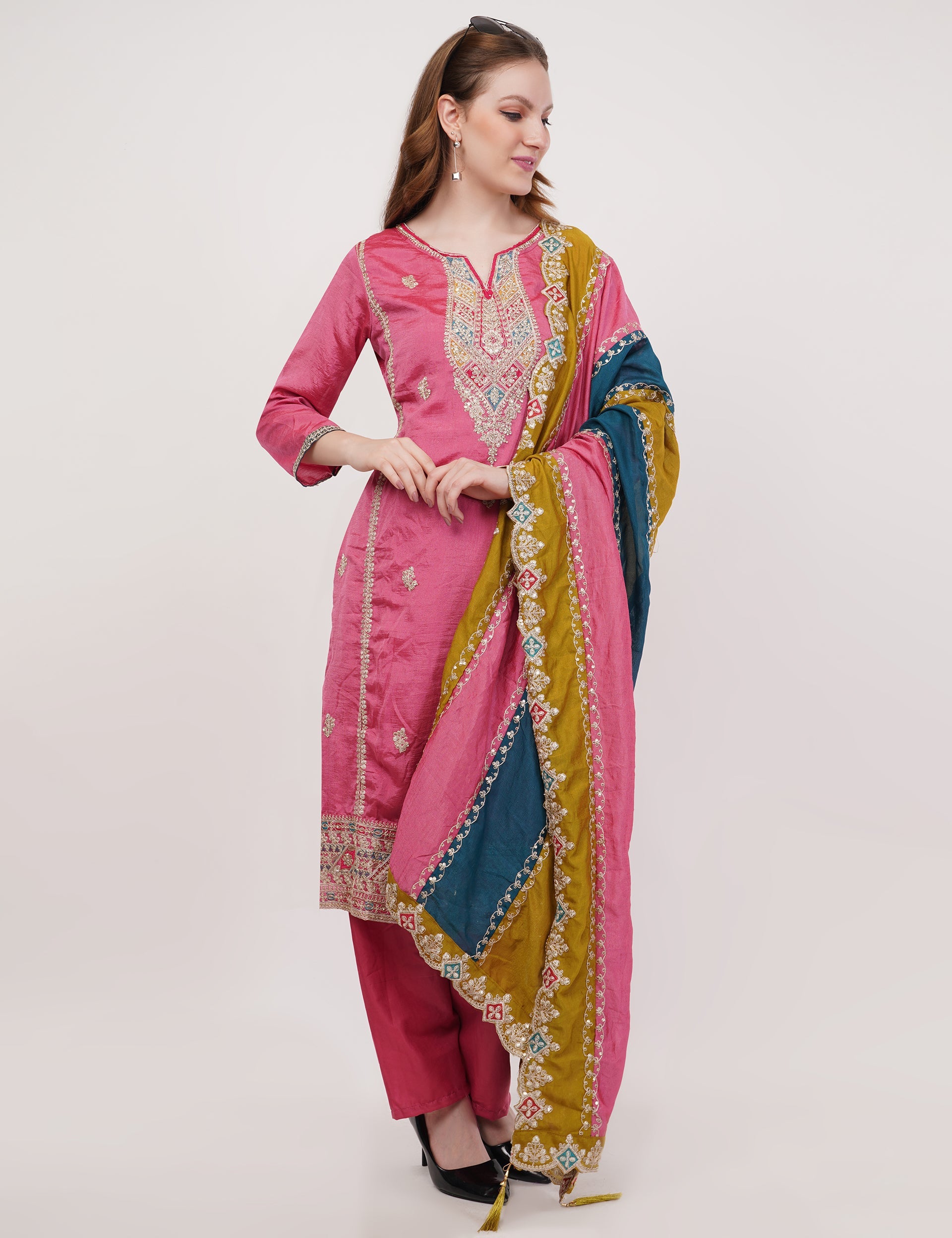 Pink Vichitra Silk Vichitra Silk Suit With Multi Thread & Zari Embroidery Stitch - Set Of 3