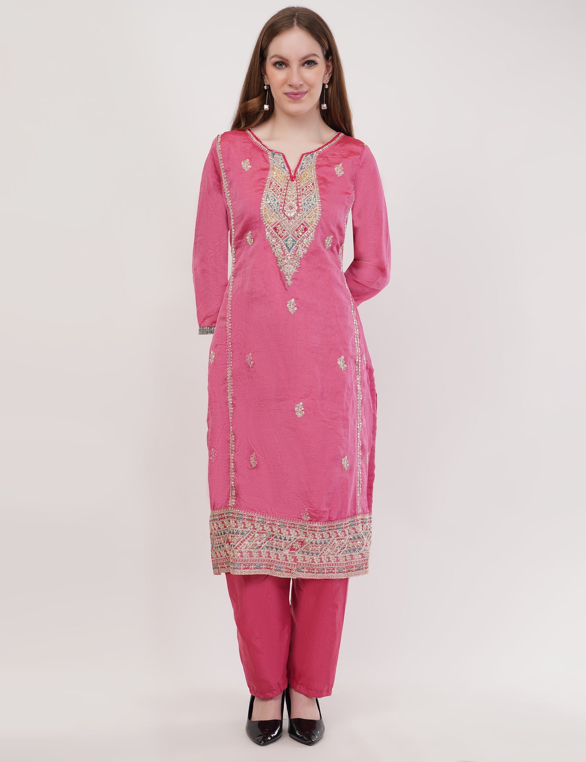 Pink Vichitra Silk Vichitra Silk Suit With Multi Thread & Zari Embroidery Stitch - Set Of 3