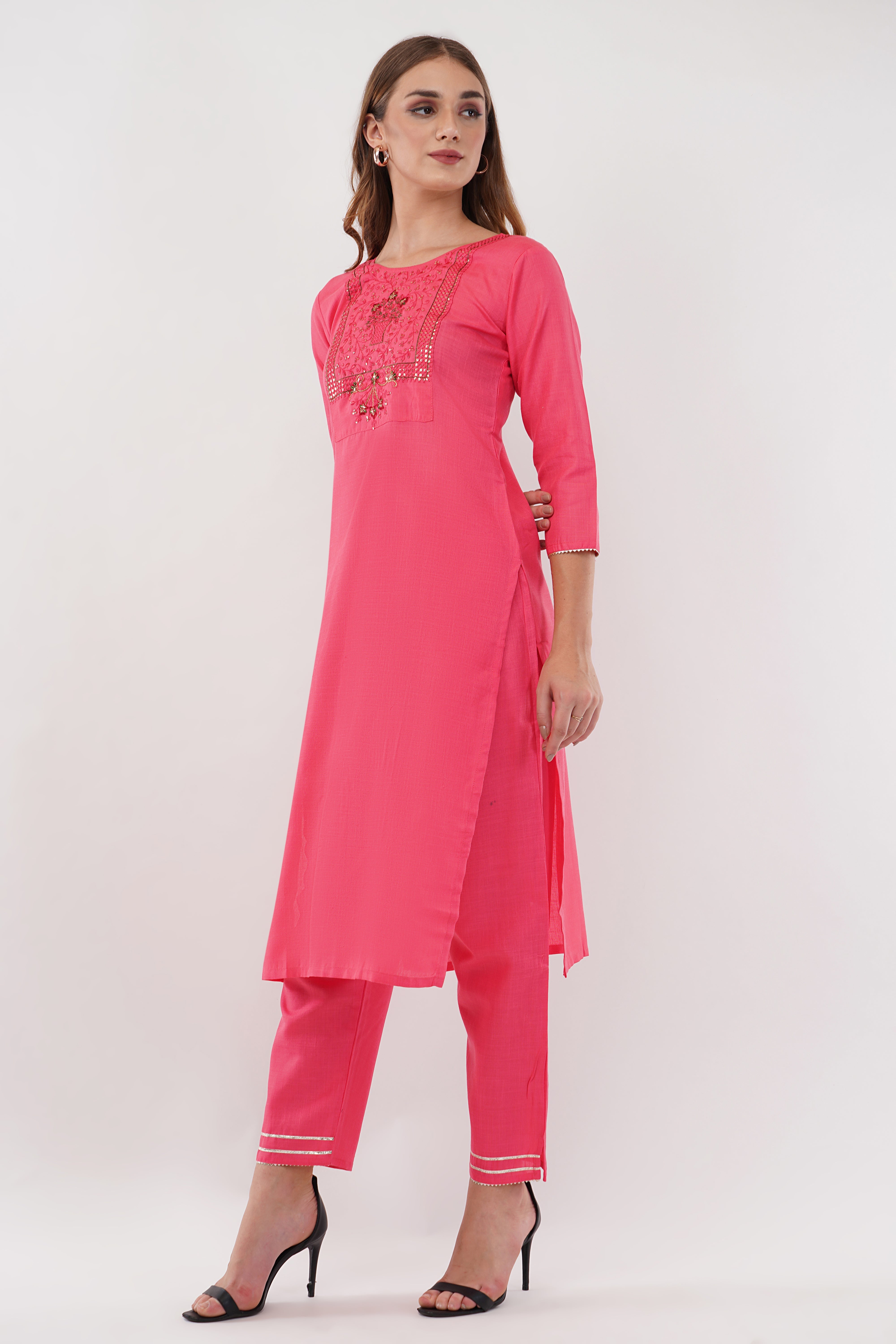 Pink Cotton Suit Set With Embroidered Yoke - Set Of 3