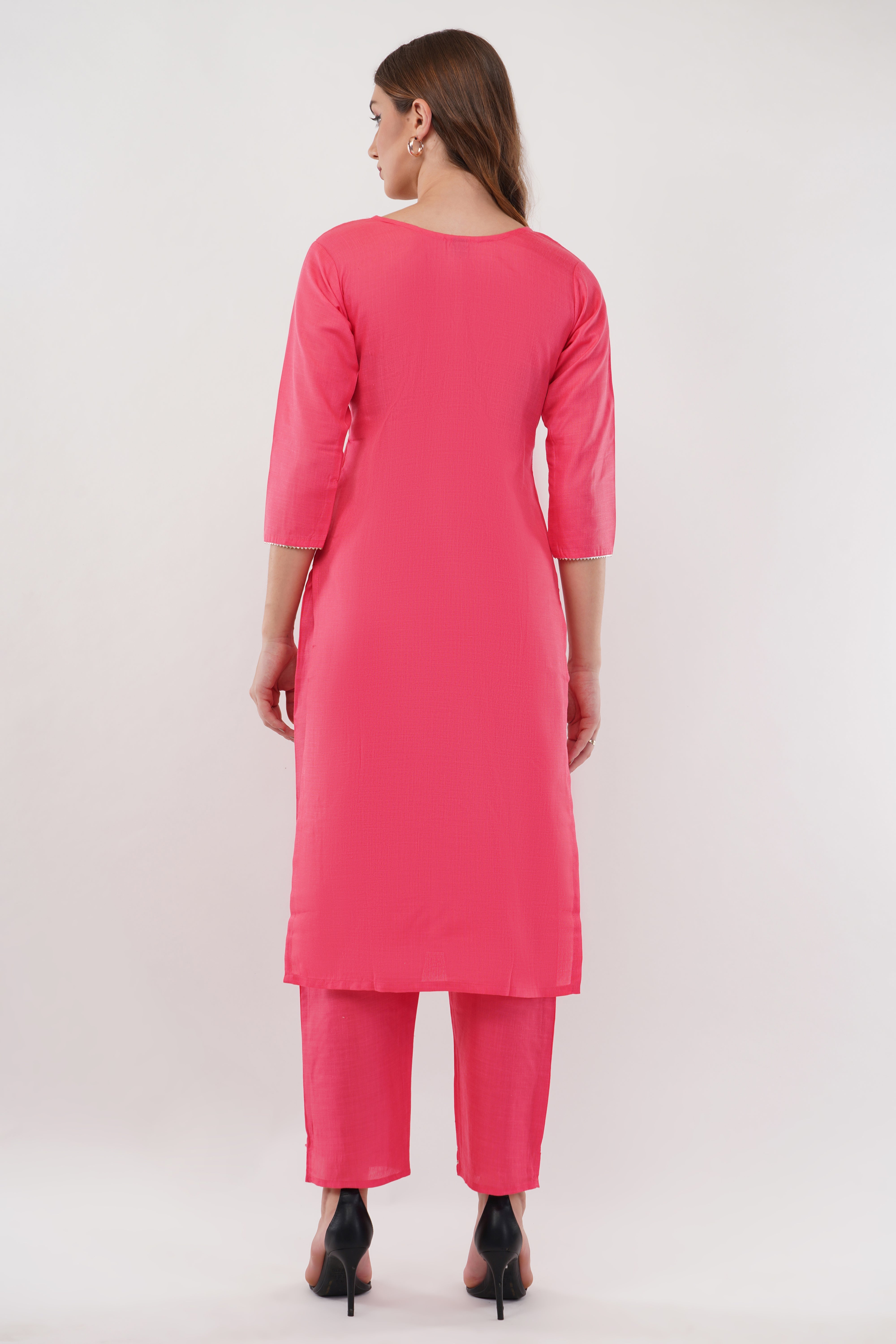 Pink Cotton Suit Set With Embroidered Yoke - Set Of 3