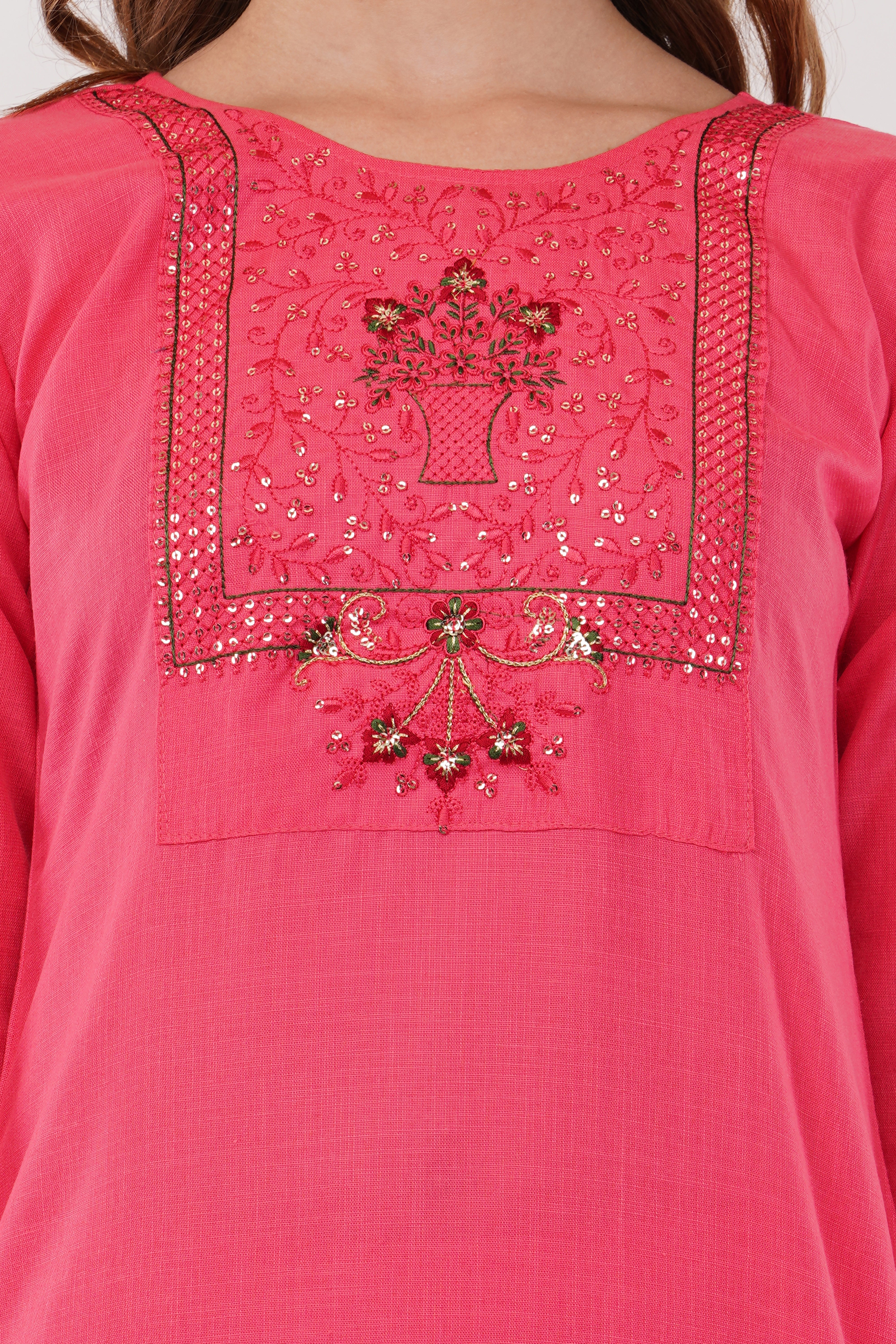 Pink Cotton Suit Set With Embroidered Yoke - Set Of 3