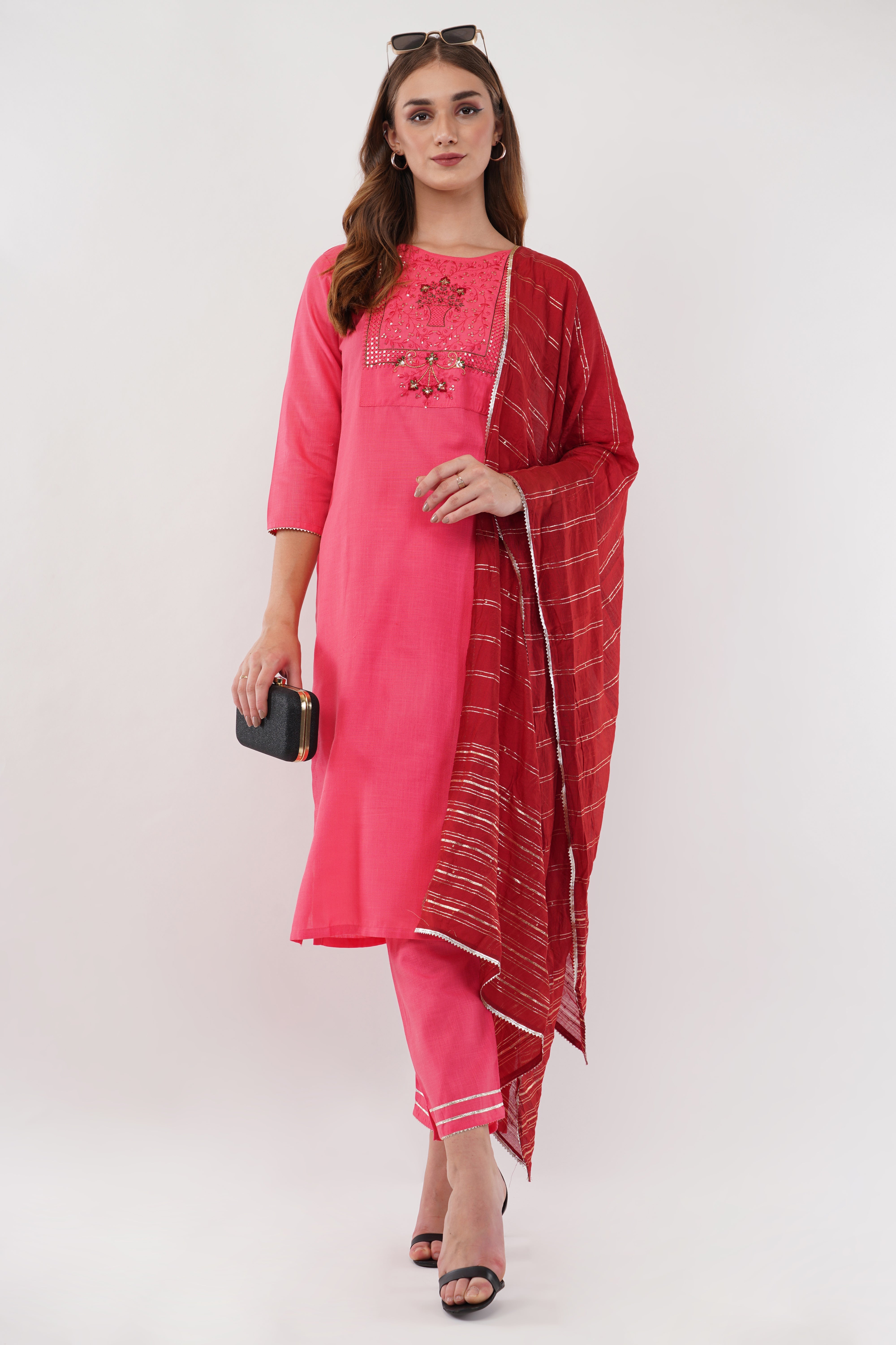 Pink Cotton Suit Set With Embroidered Yoke - Set Of 3