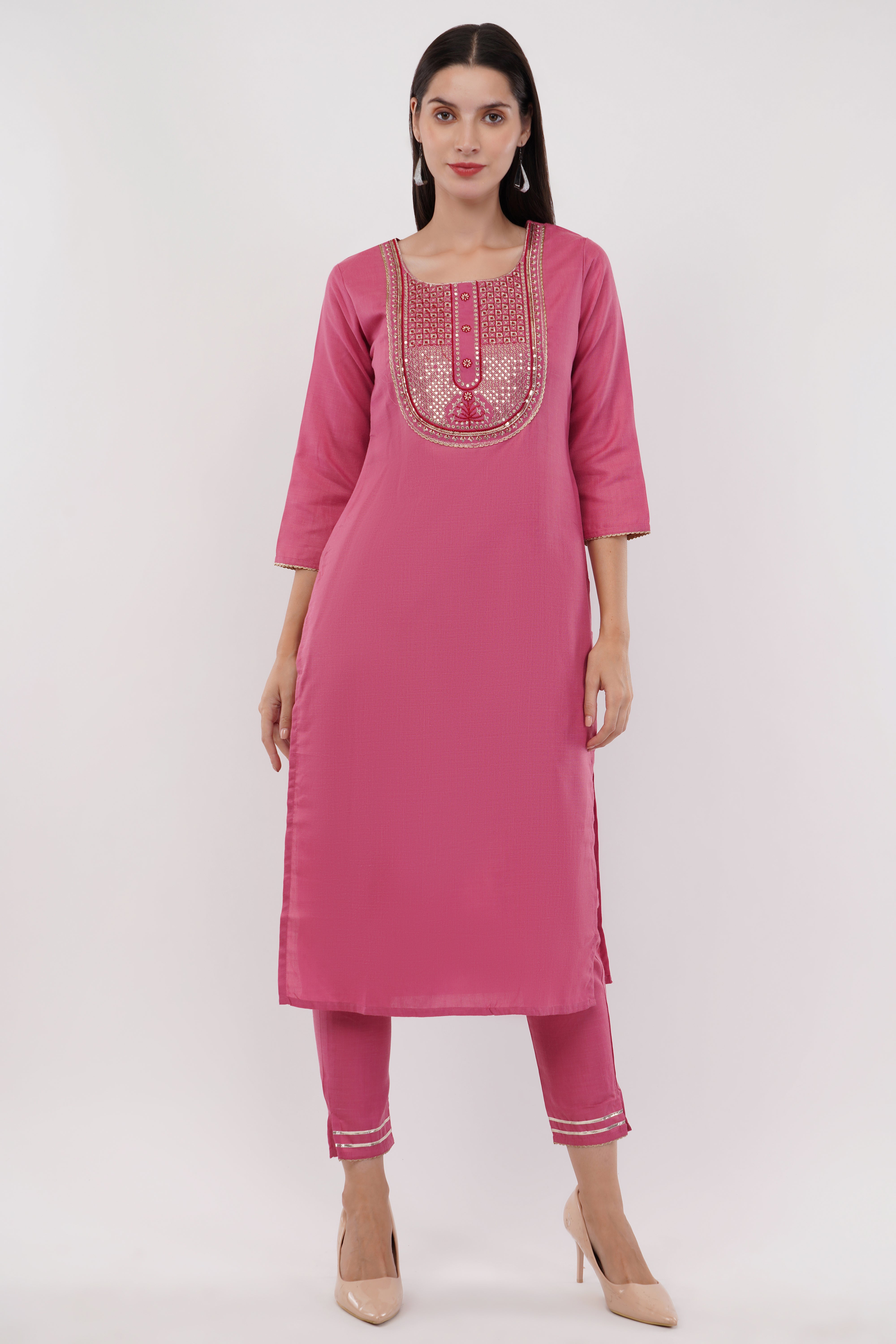 Pink Cotton Fabric Suit Set With Embroidered Yoke - Set Of 3