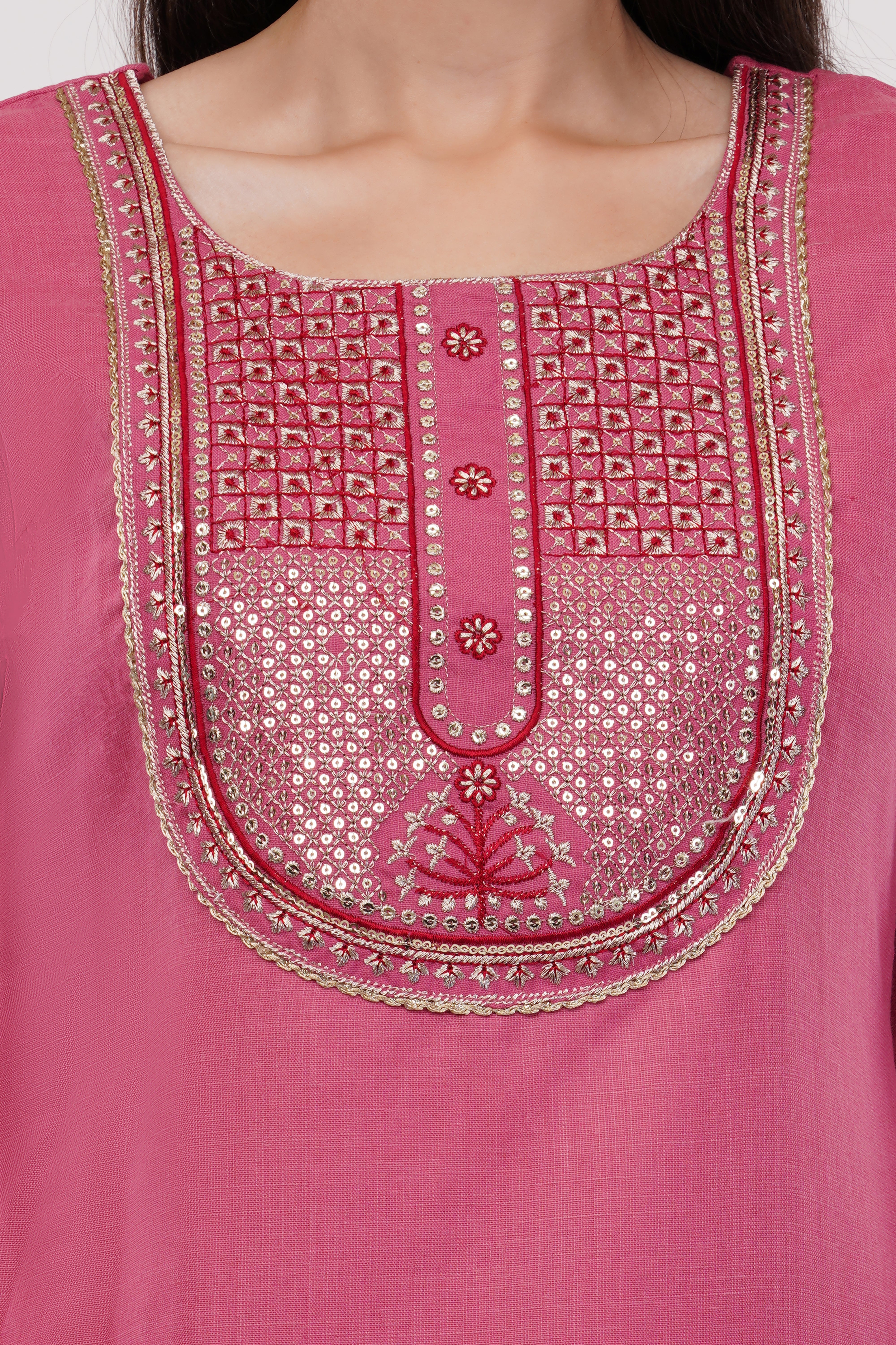 Pink Cotton Fabric Suit Set With Embroidered Yoke - Set Of 3