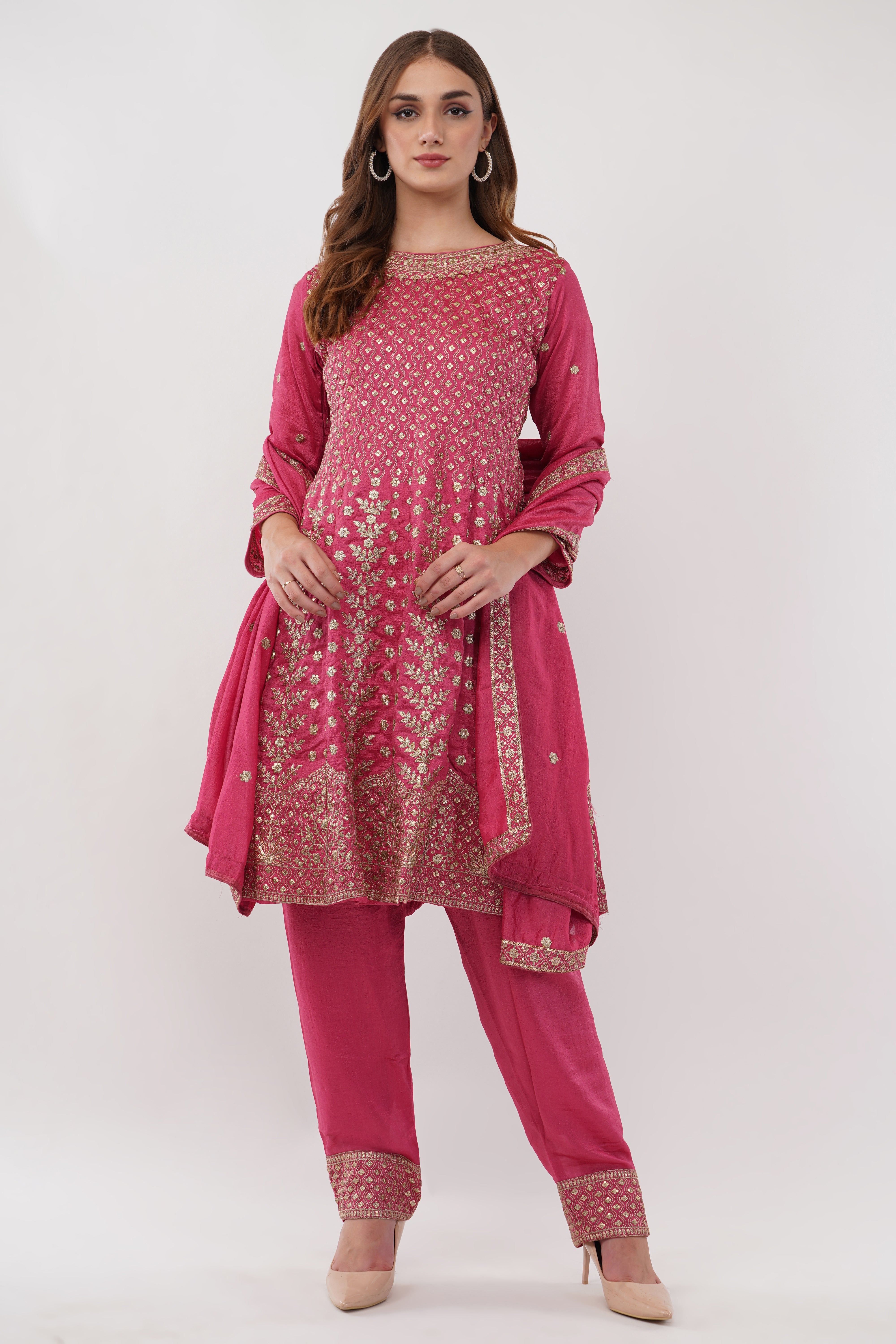 Pink Embroidered Suit With Salwar Pants & Dupatta - Set Of 3