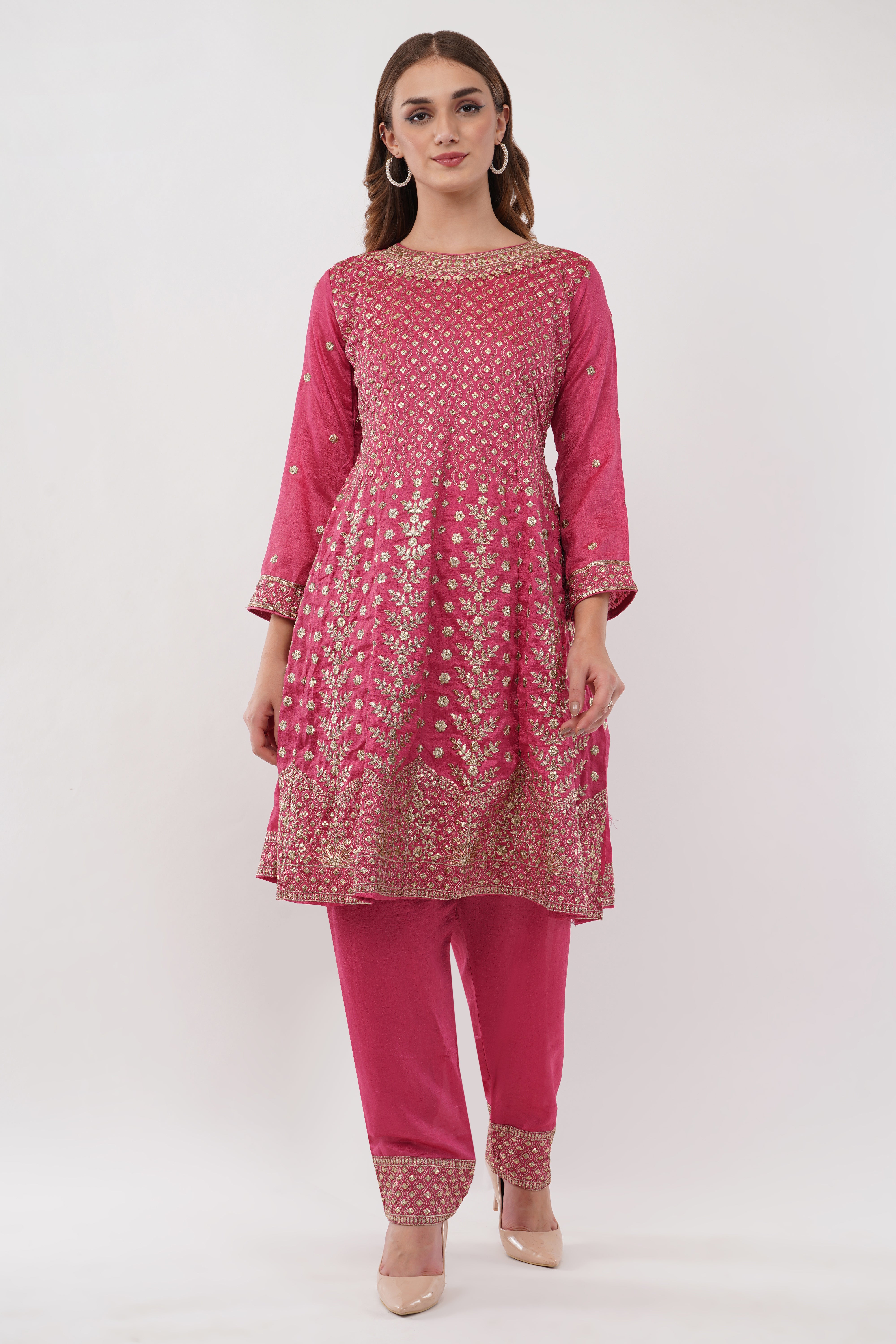 Pink Embroidered Suit With Salwar Pants & Dupatta - Set Of 3