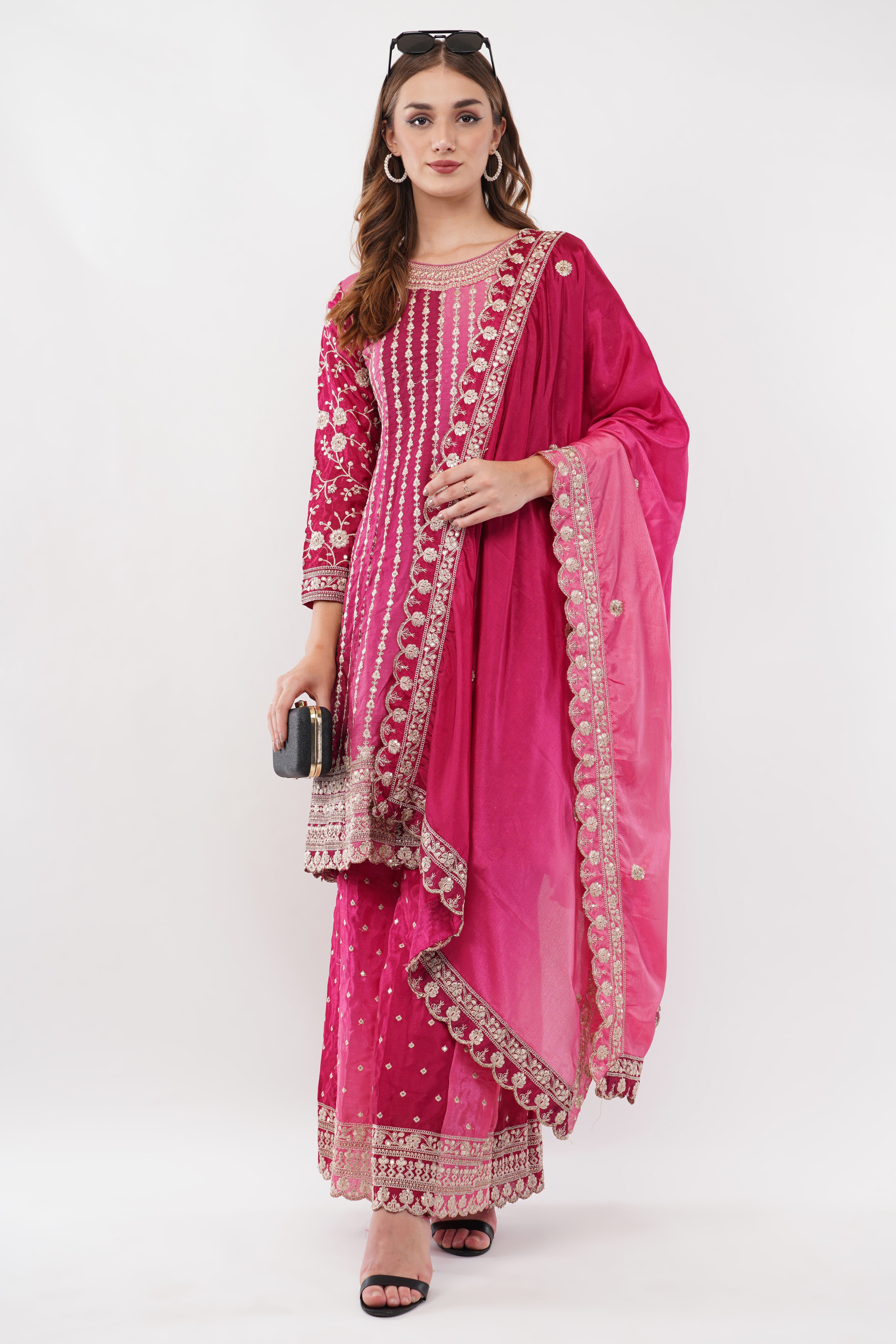 Pink Chinon Fabric Embroidered Suit With Flared Pants & Dupatta - Set Of 3