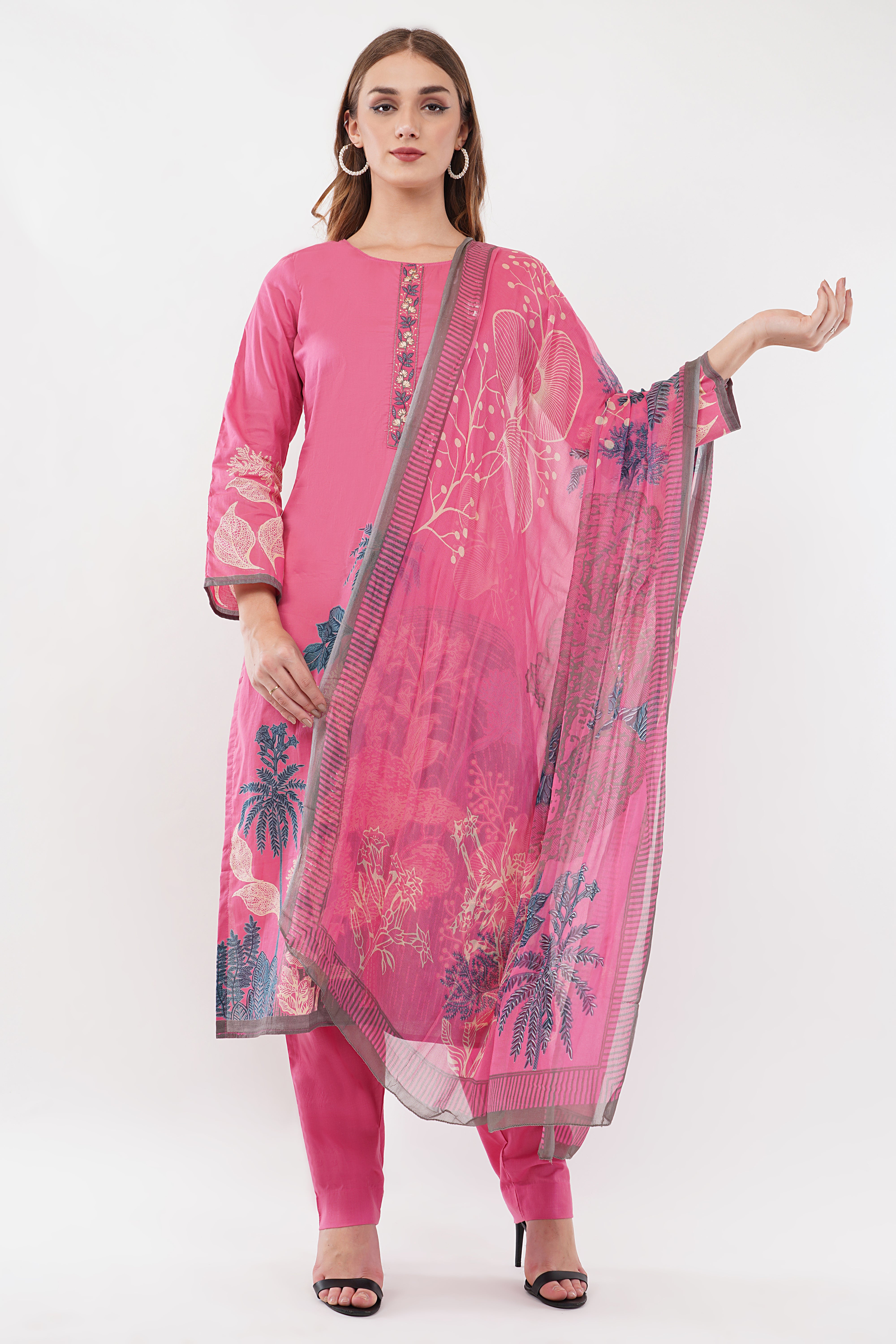 Printed & Embroidered Pink Suit Set - Set Of 3