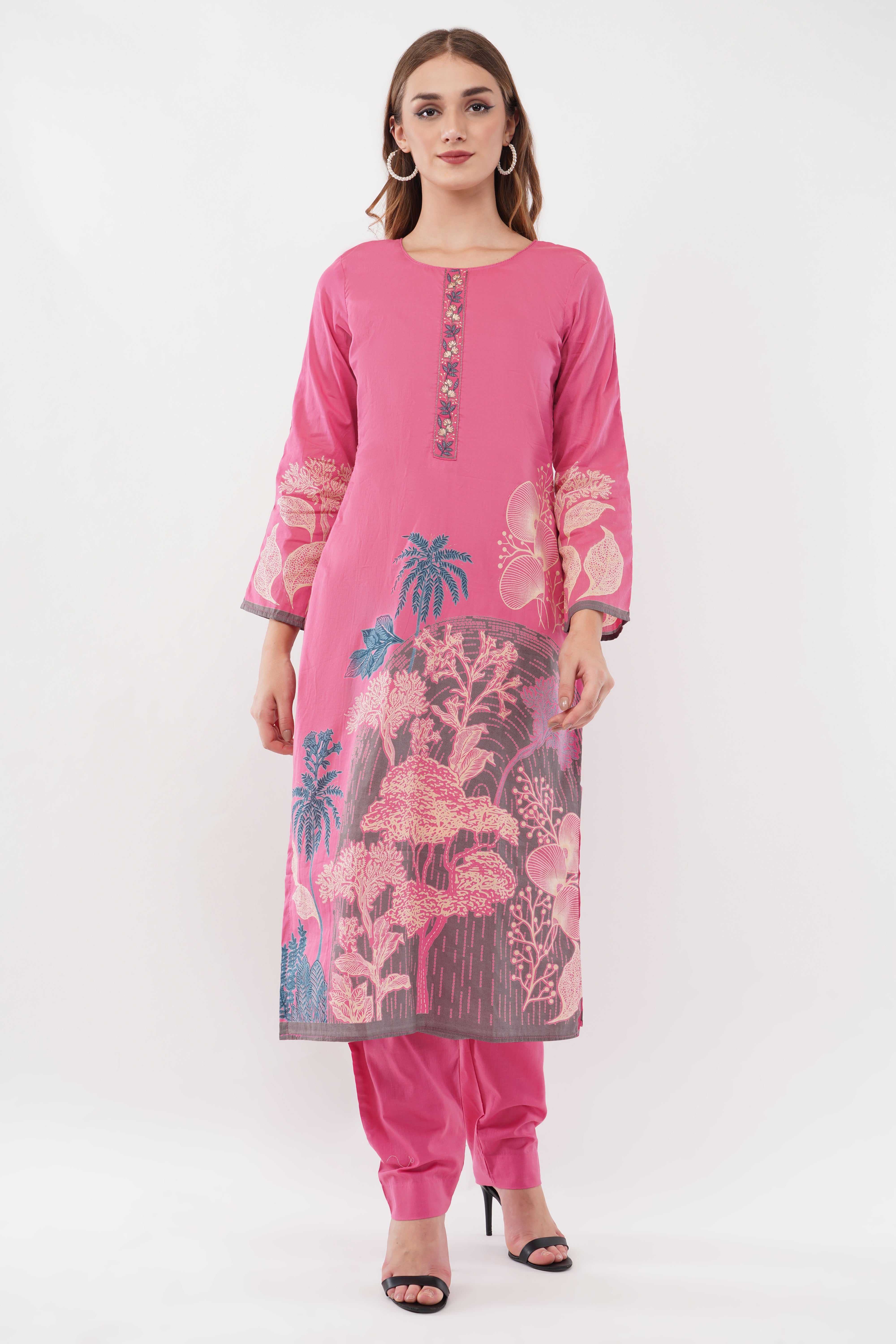 Printed & Embroidered Pink Suit Set - Set Of 3