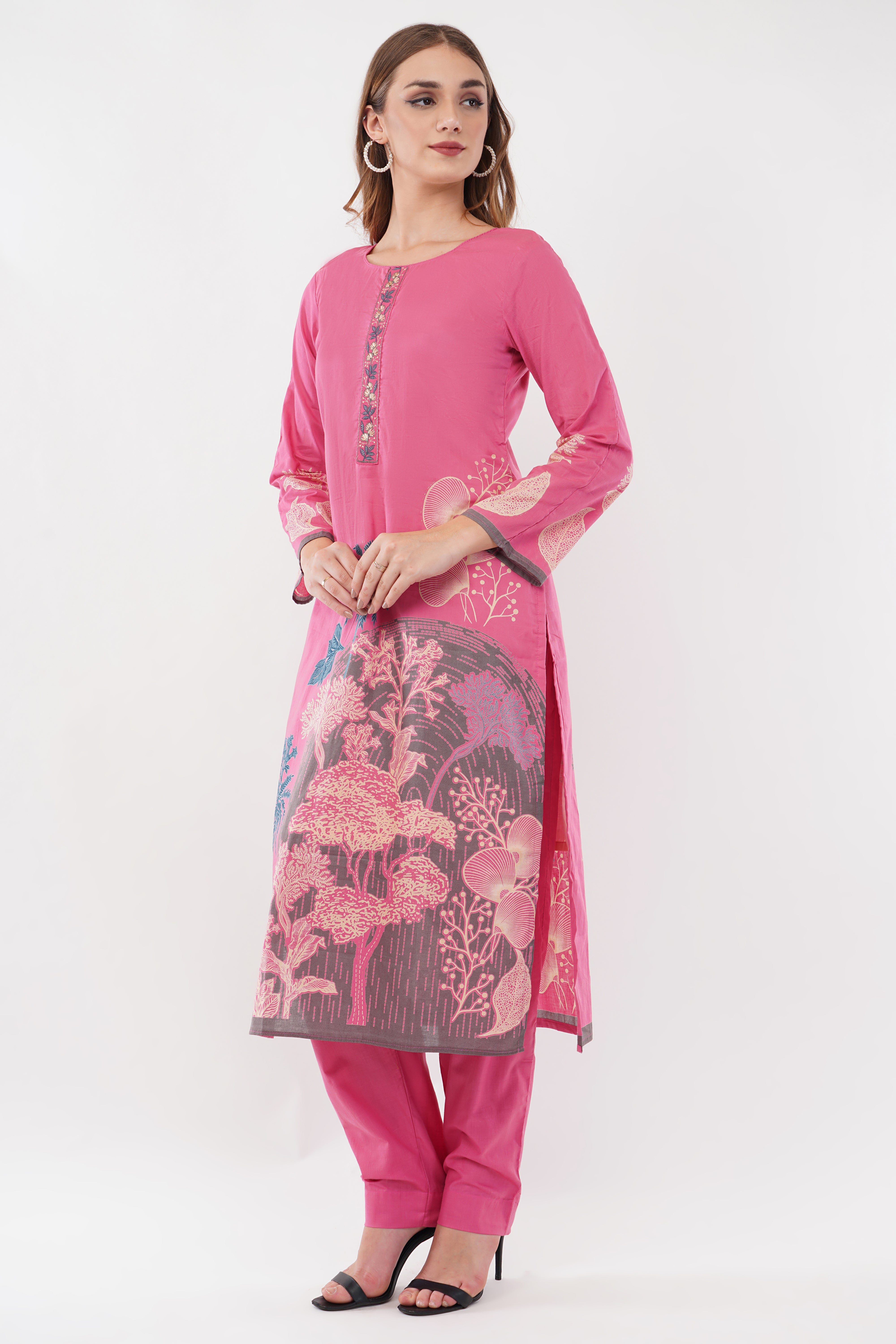 Printed & Embroidered Pink Suit Set - Set Of 3