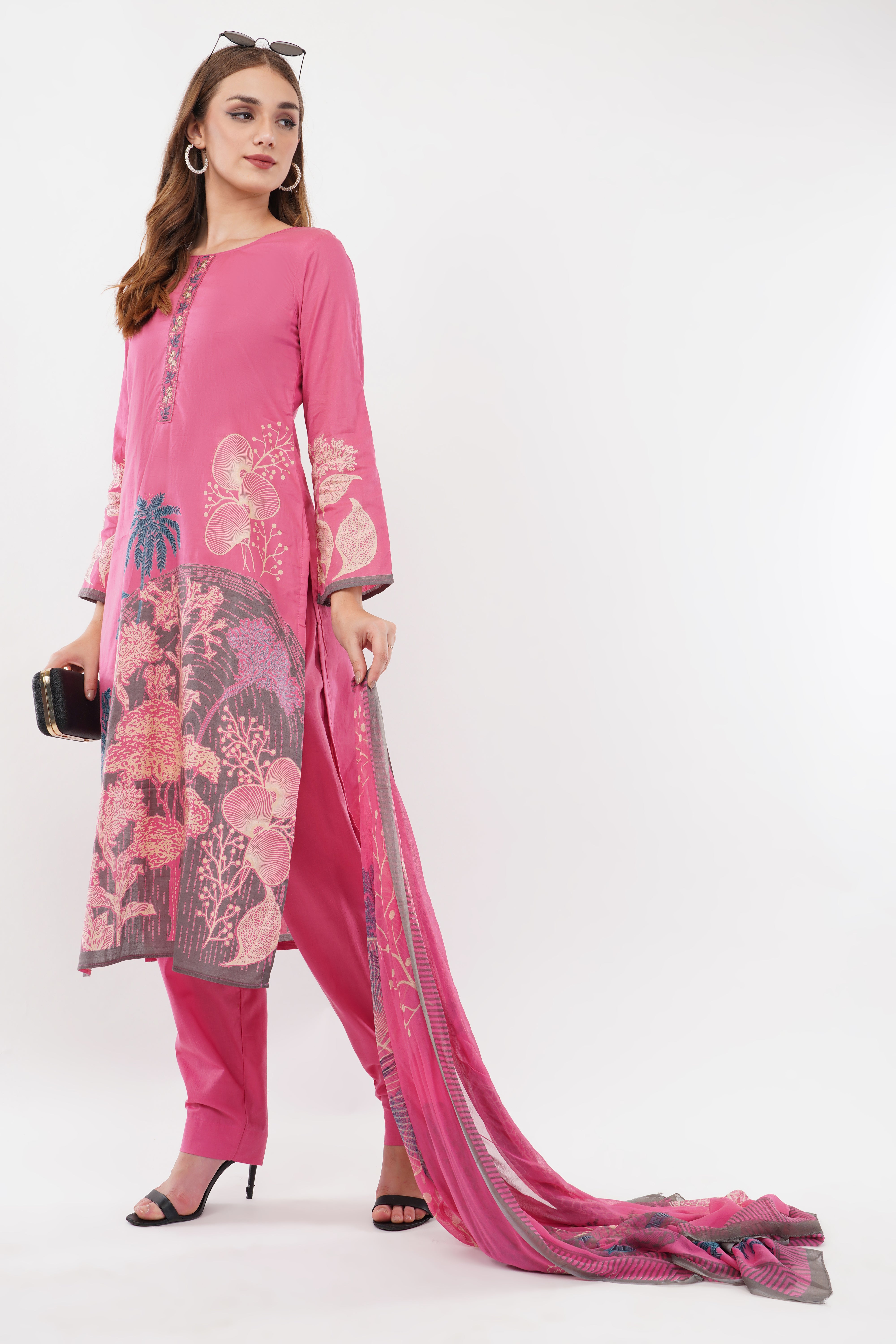 Printed & Embroidered Pink Suit Set - Set Of 3