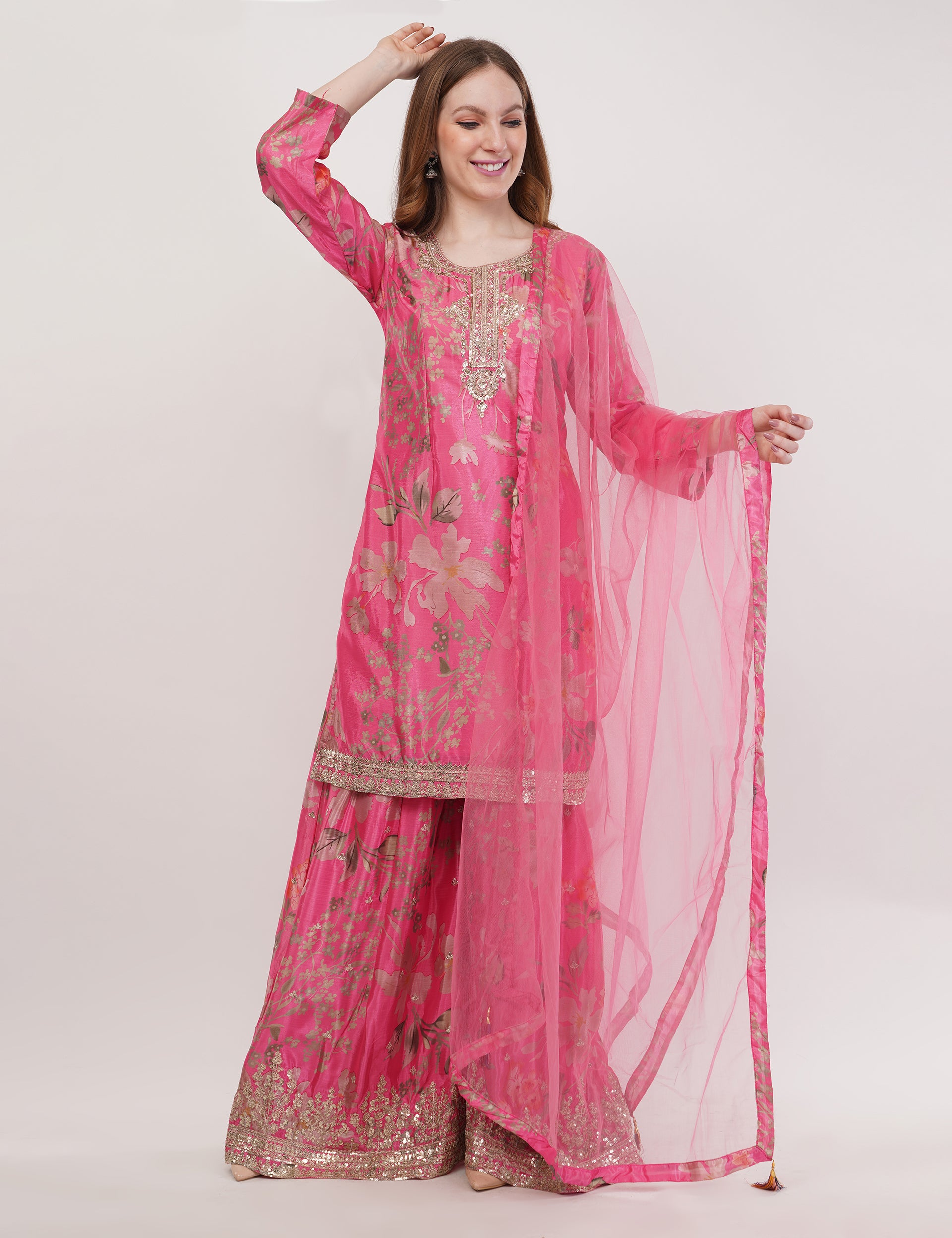 Pink Printed Short Suit With Flared Sharara Pants & Dupatta - Set Of 3