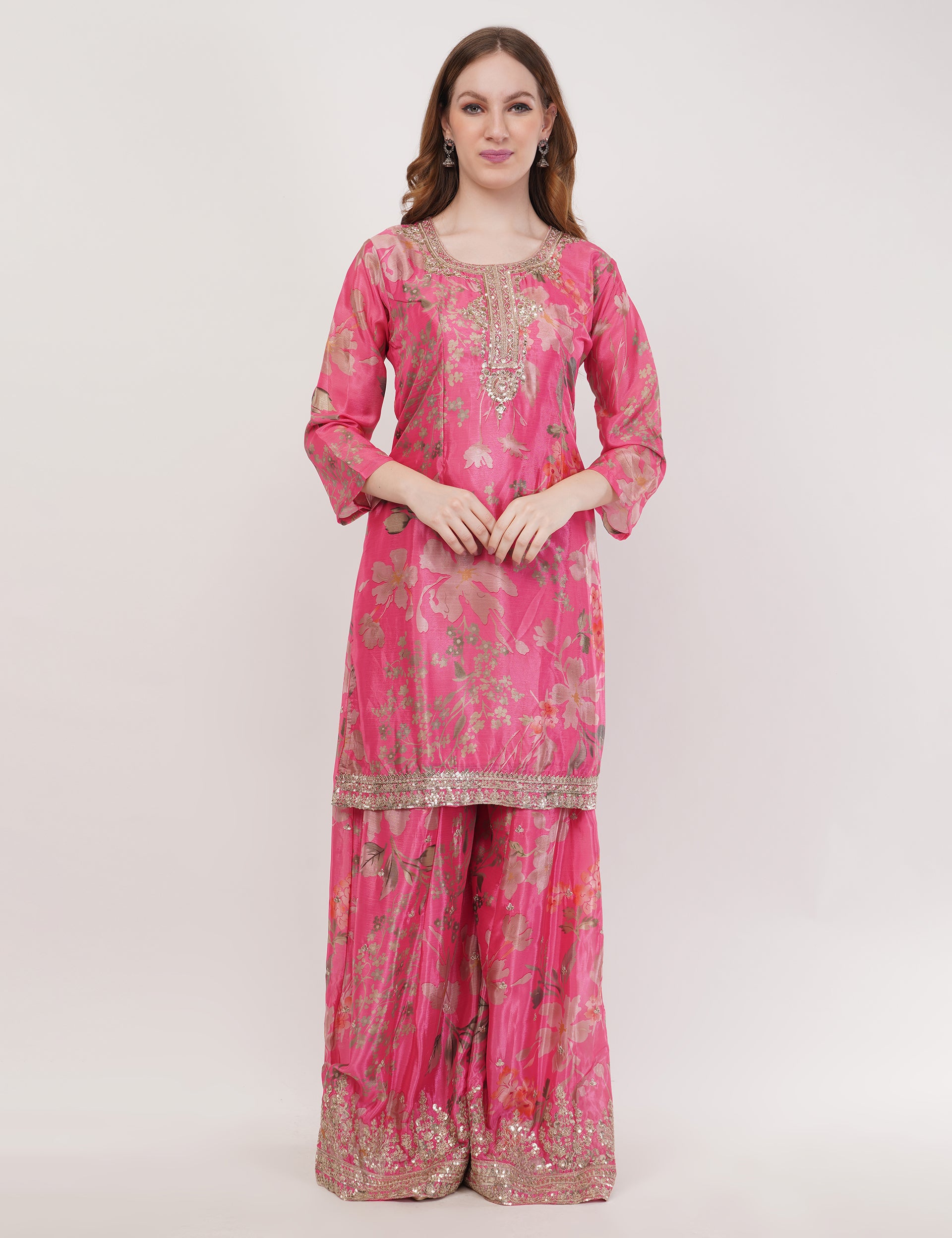 Pink Printed Short Suit With Flared Sharara Pants & Dupatta - Set Of 3