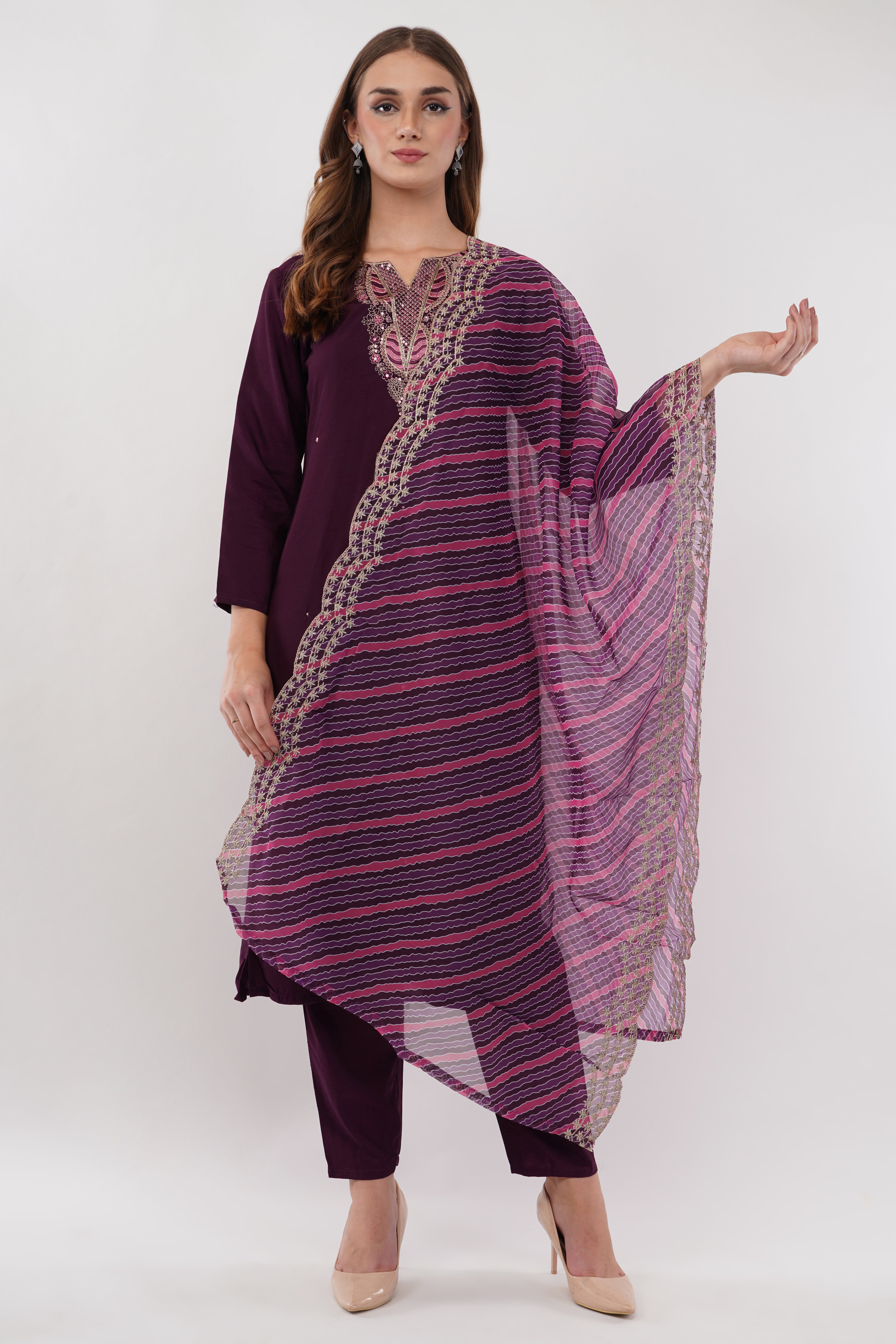 Purple Viscose Suit Set With Printed Dupatta - Set Of 3