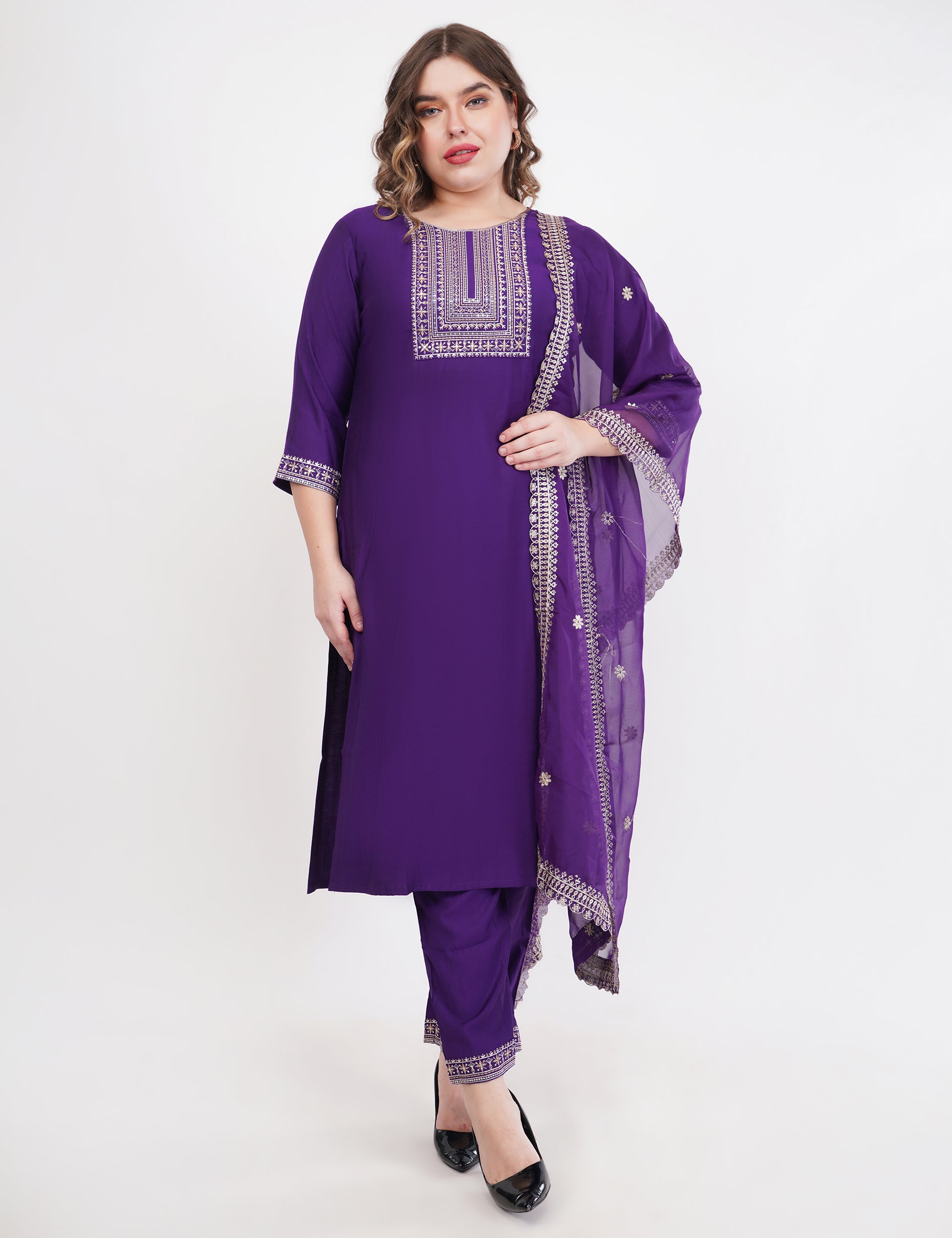 Purple Silk Straight Suit With Dupatta - Set Of 3