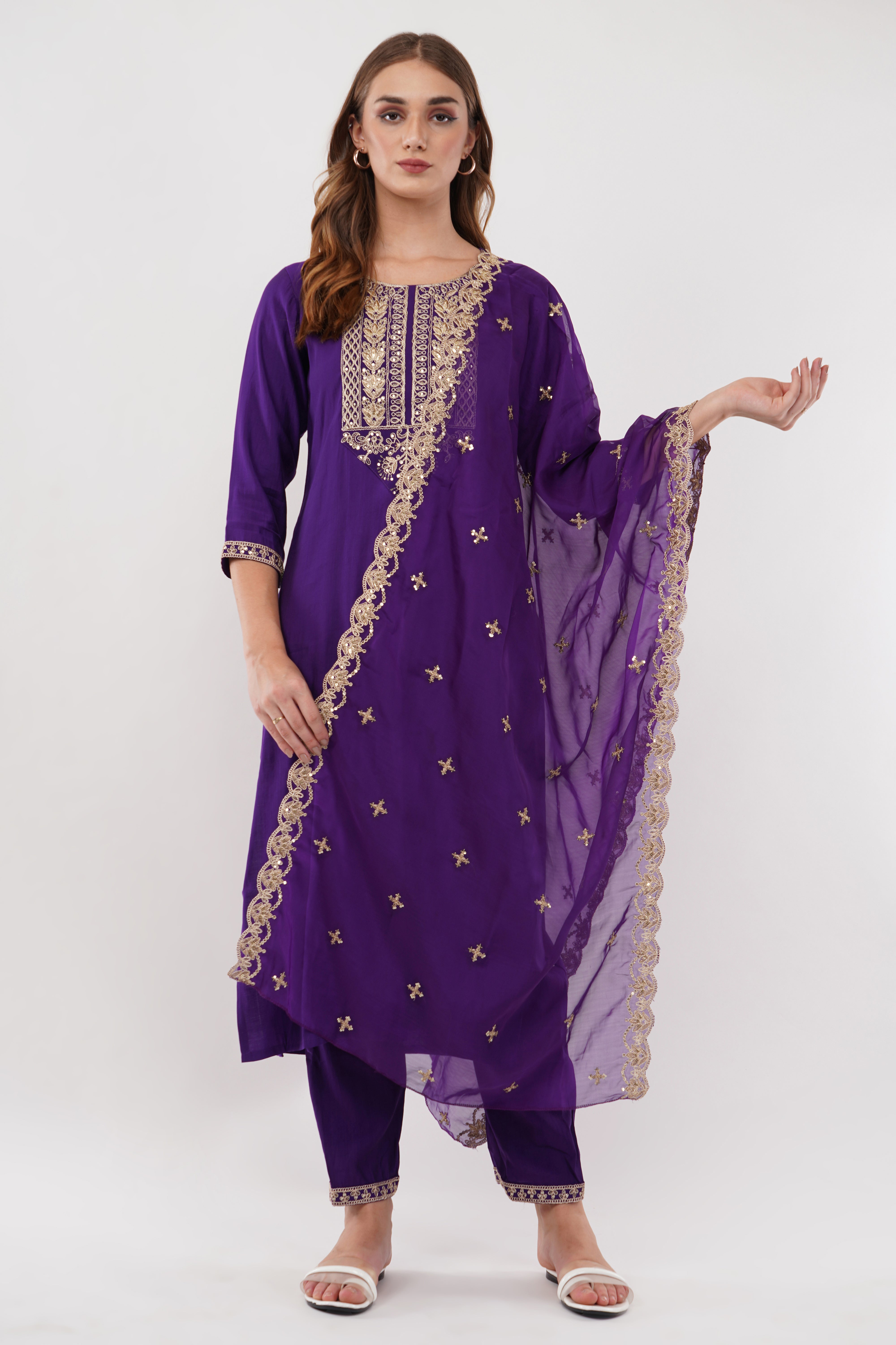 Purple Silk Straight Suit With Graceful Dupatta - Set Of 3