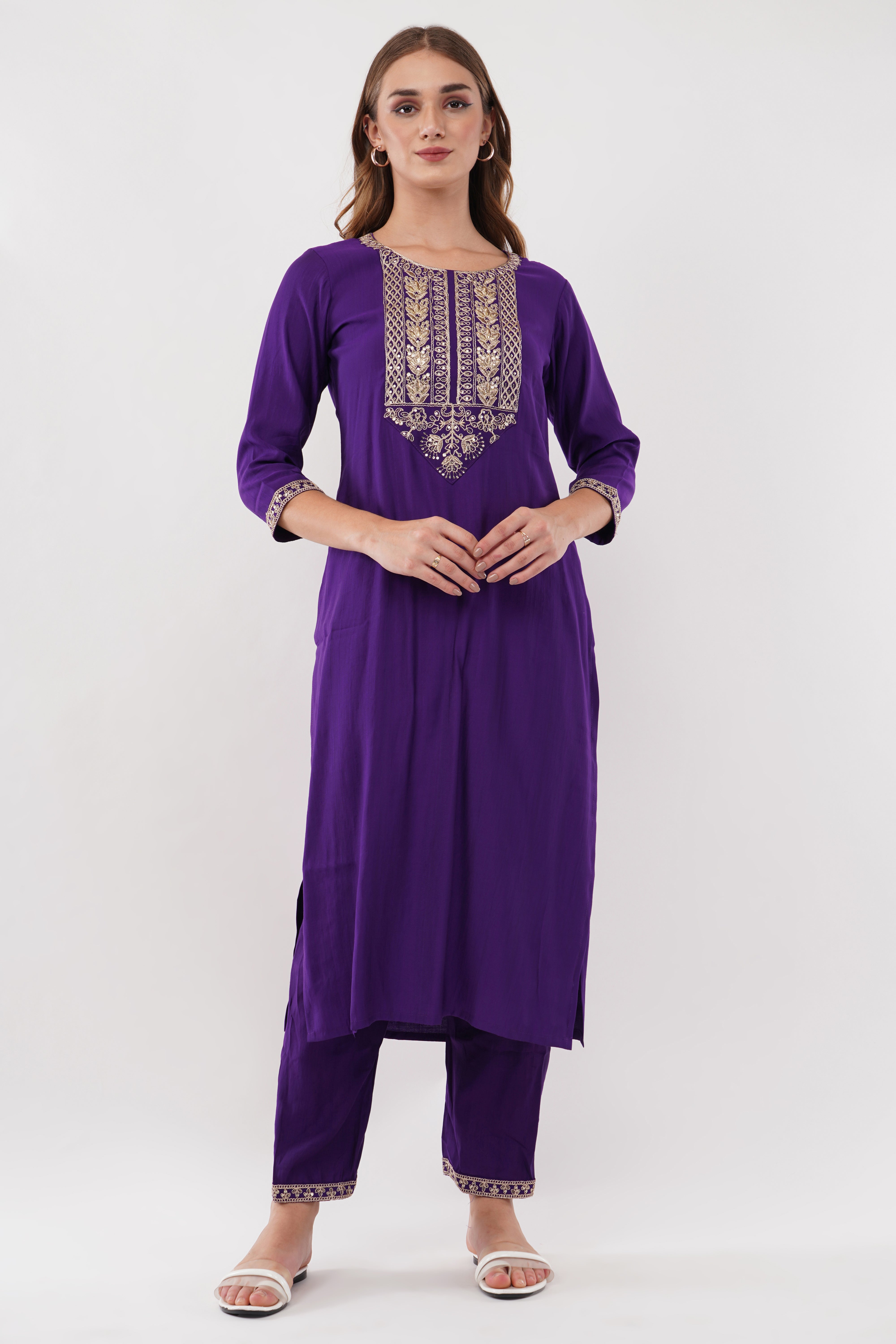 Purple Silk Straight Suit With Dupatta - Set Of 3