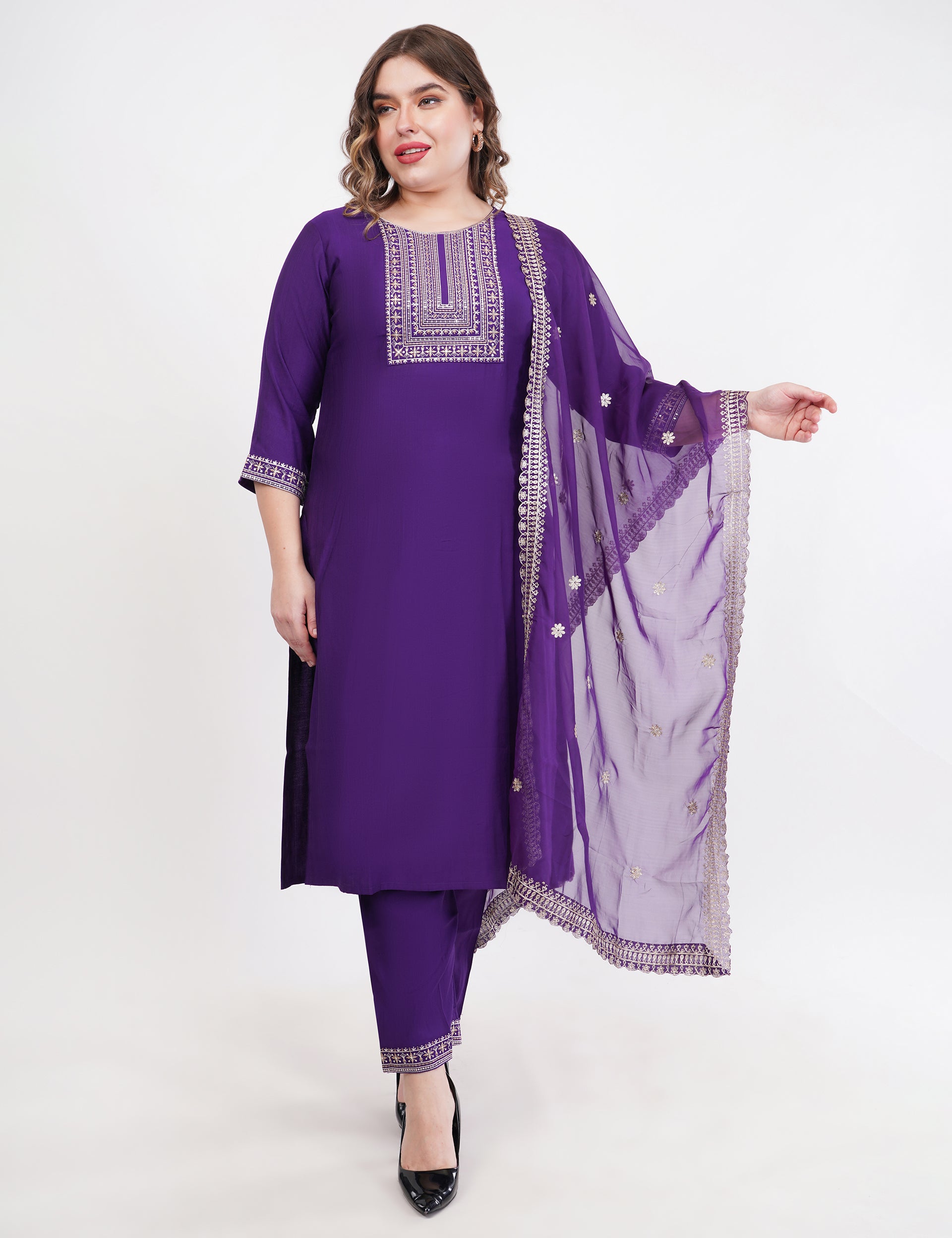 Purple Silk Straight Suit With Dupatta - Set Of 3