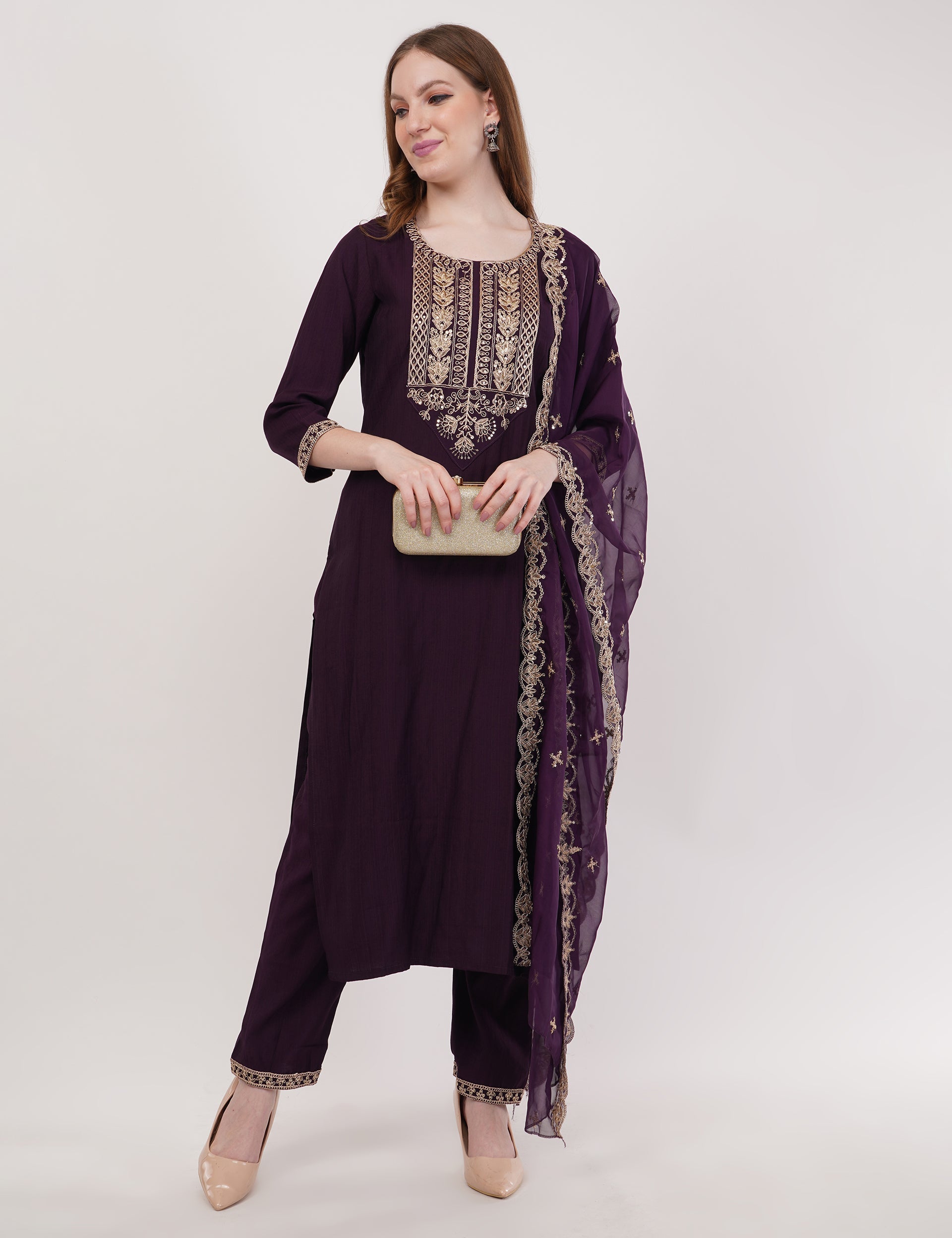 Dark Purple Silk Straight Suit With Dupatta - Set Of 3