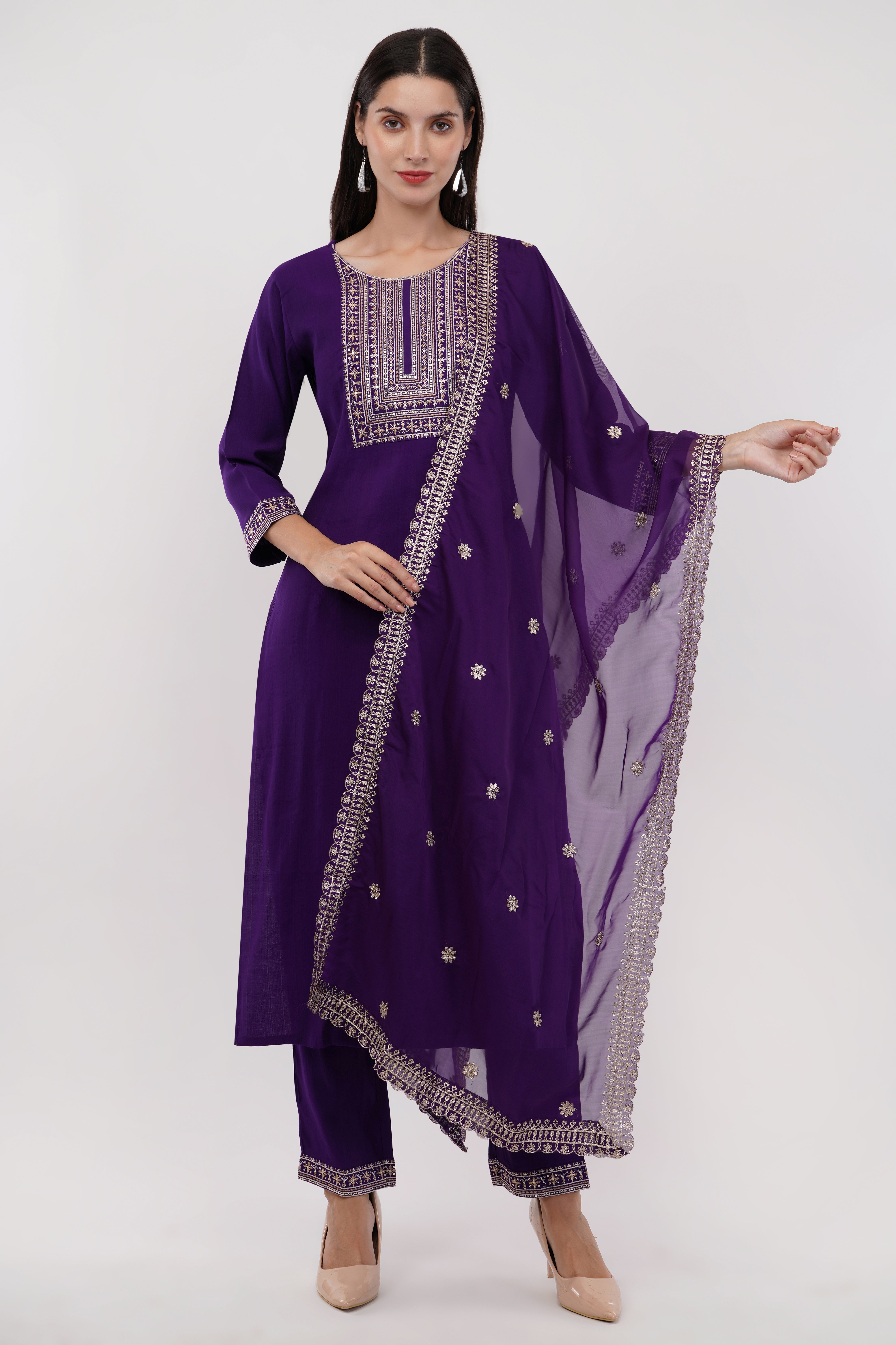 Purple Silk Straight Suit With Dupatta - Set Of 3